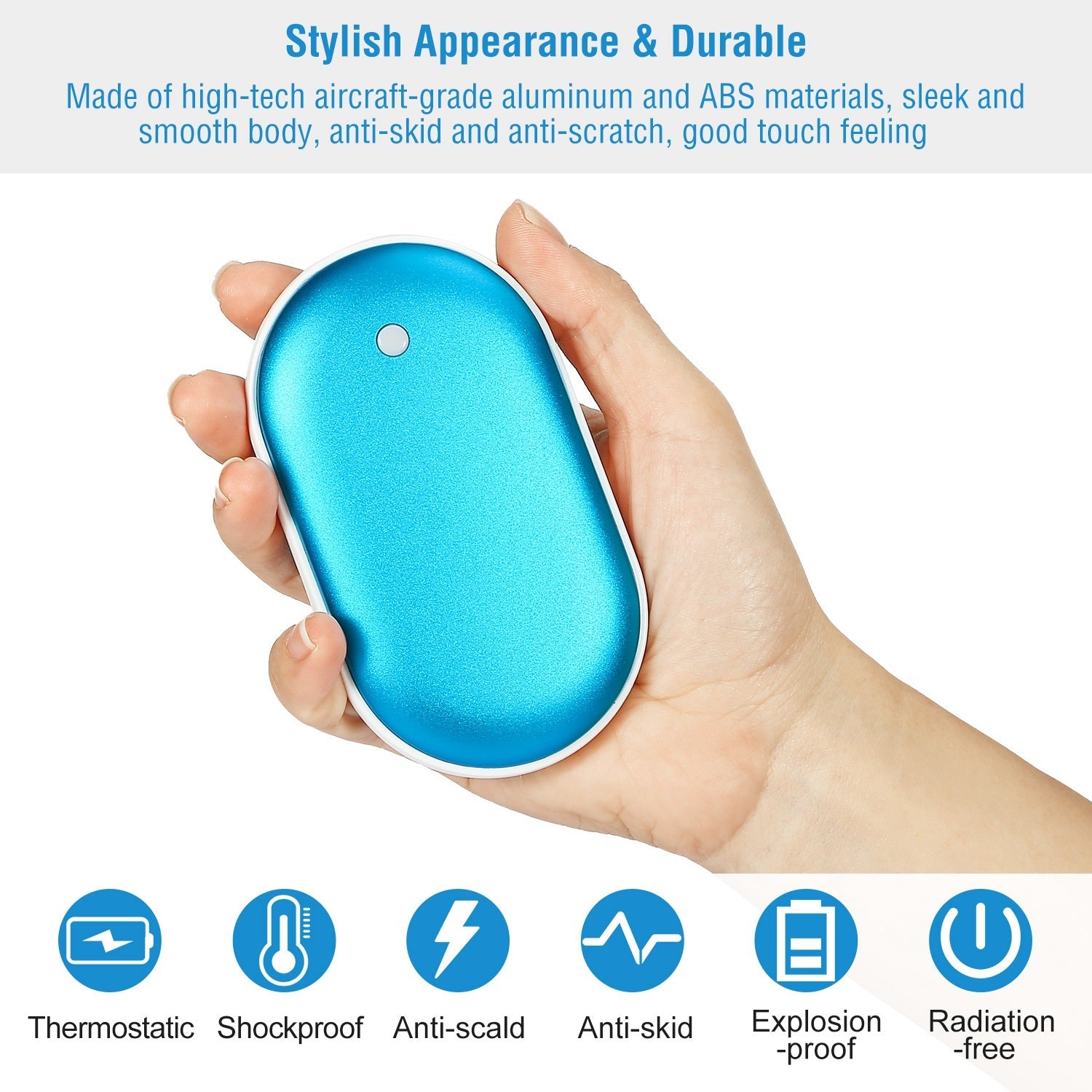 Silver Portable Hand Warmer 5000mAh Power Bank Rechargeable Pocket Warmer Double-Sided Heating Hand Warmer with a round power button, LED indicators, and a USB port on a white background.