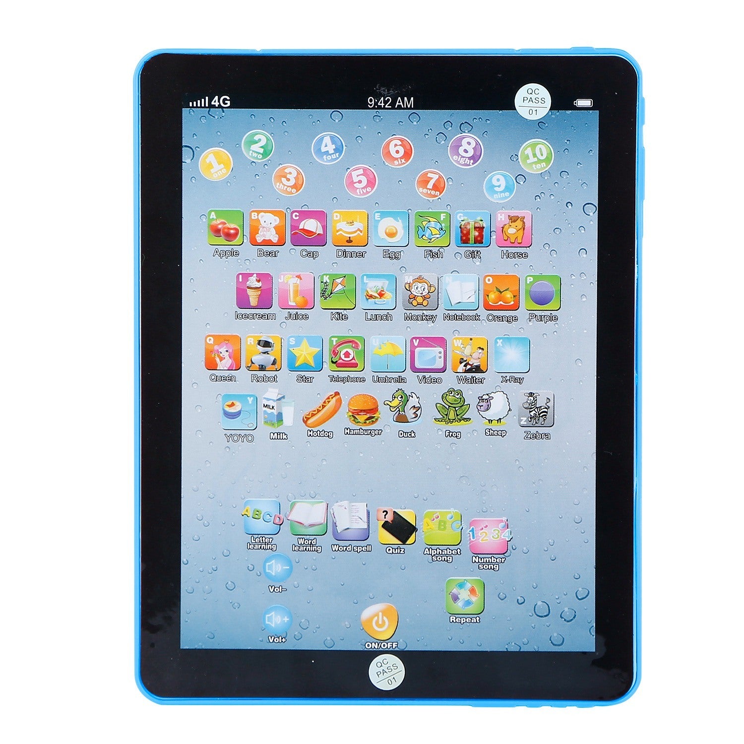 A young girl smiles while leaning on her arm next to an advertisement for a Baby Learning Tablet Educational Mini Pads Toys Touch Learn Toddler Tablet For ABC Numbers Words Gift, highlighting apps for kids aged 1-6.