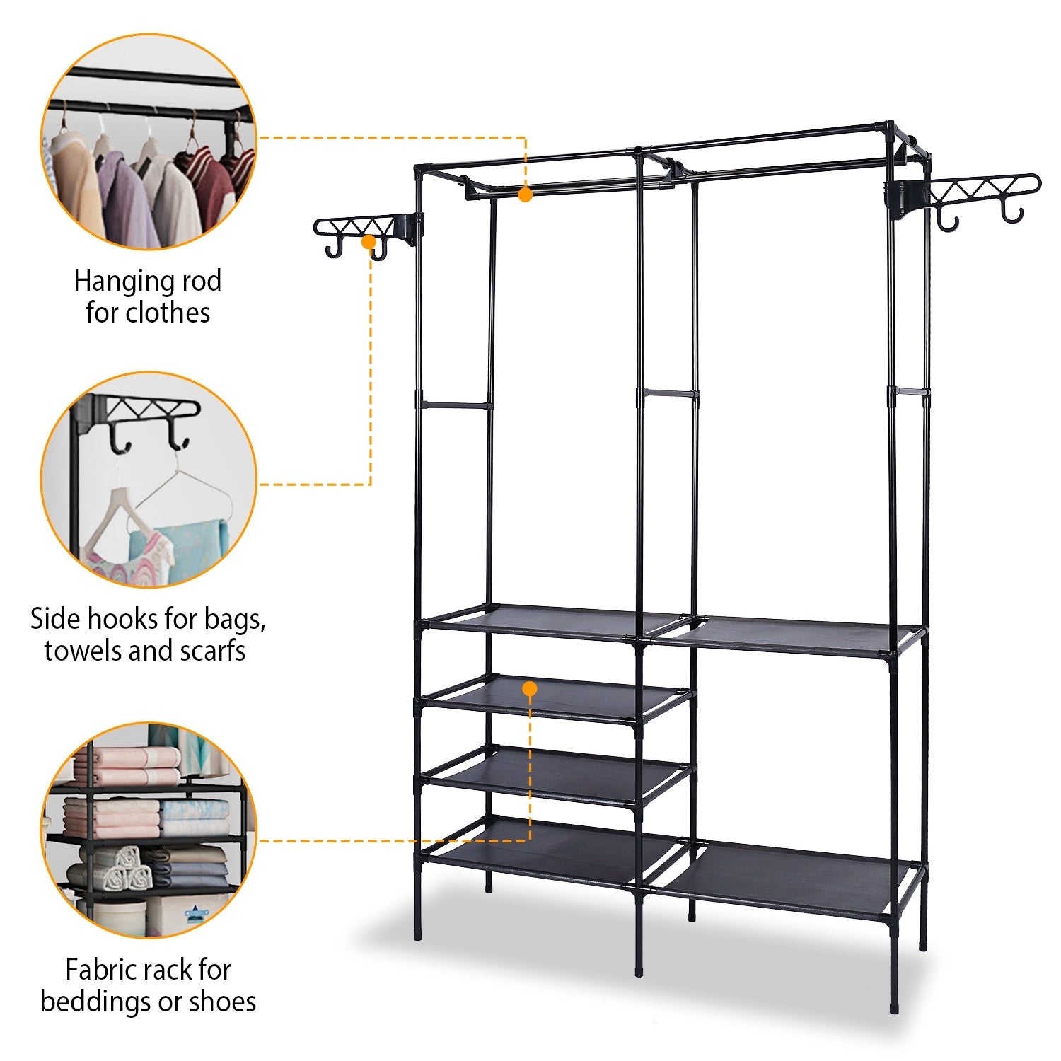 Black Metal Garment Rack Shoe Clothing Organizer Shelves Freestanding Multifunctional Clothes Wardrobe with multiple shelves and hanging bars, featuring additional hooks on the top side for extra storage.