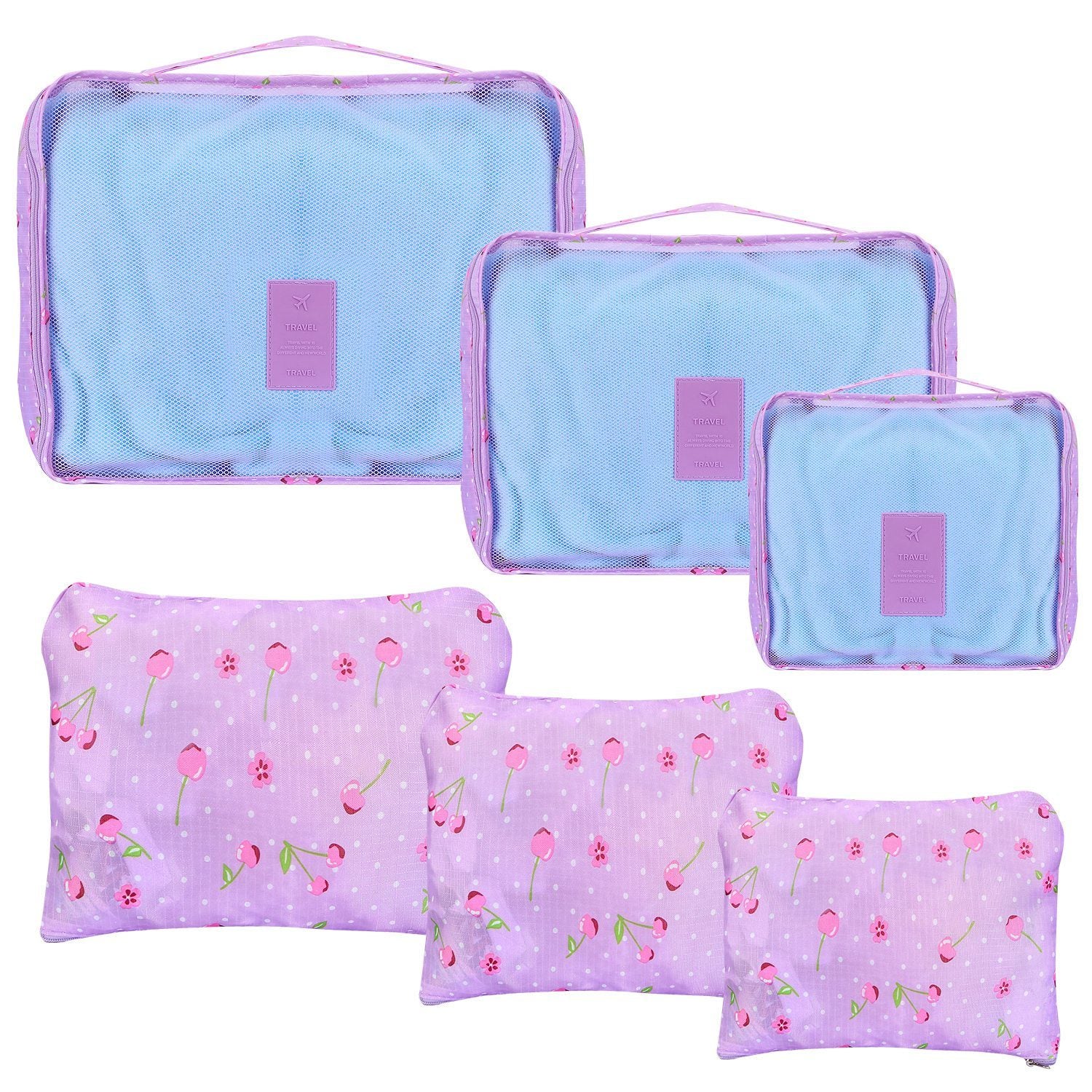 Set of four 9Pcs Clothes Storage Bags Water-Resistant Travel Luggage Organizer Clothing Packing Cubes of varying sizes with clothing items, displayed next to a folded floral blouse, all on a white background.