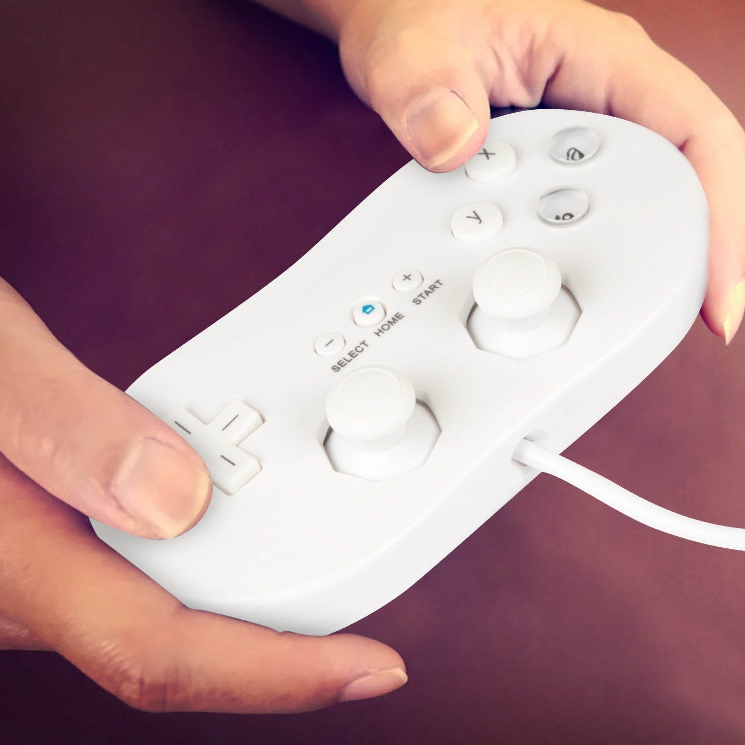Advertisement for a 2PCS Classic Game Controller Pad Wired Gamepad Joypad Joystick compatible with Wii/WiiWare/Virtual Console games, featuring an ergonomic grip and showing its design and button layout.