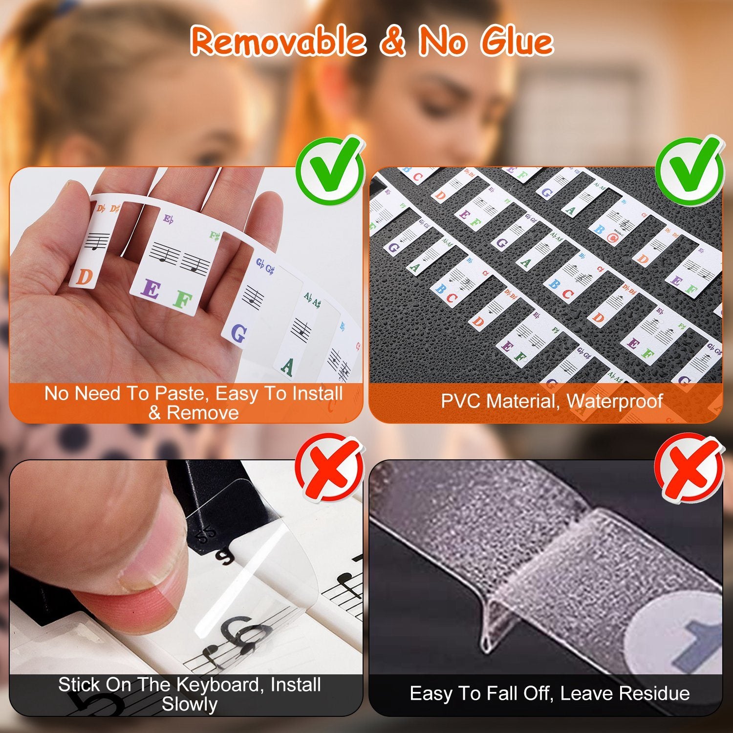 Piano Keyboard Stickers Removable Piano Key Labels PVC Piano Notes Guide without Glue for Beginners Kids with musical notes and corresponding letters, displayed in a loop beside a small round container with a metallic lid.