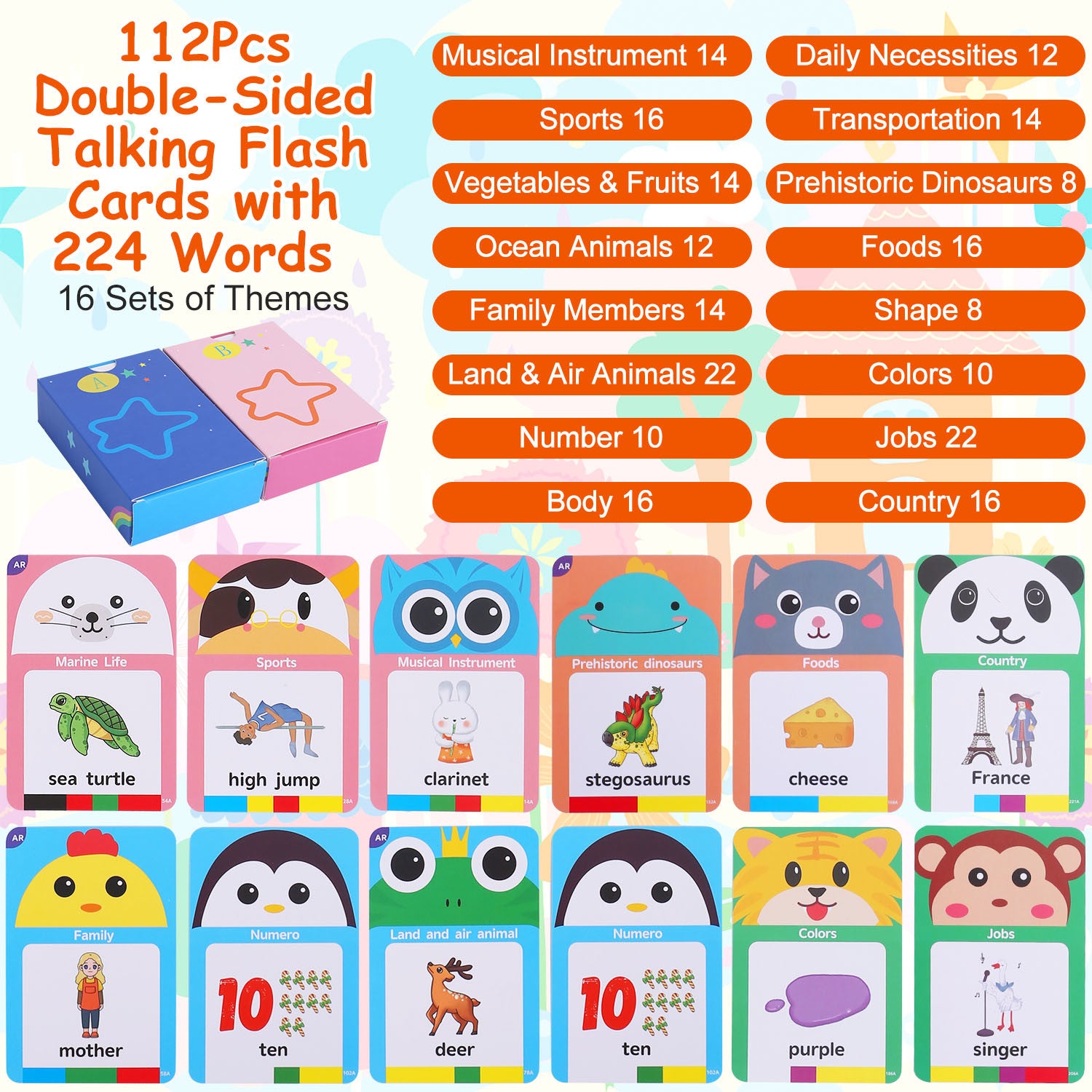 A 224 Words Toddler Learning Toy Talking Flash Cards with LCD Writing Tablet Preschool Educational Reading Drawing Machine Autism Sensory Toy 3+ Years Old Children with stylus and cartoon drawings illuminated in a rainbow of colors, accompanied by music-themed flashcards, is an ideal early education machine.