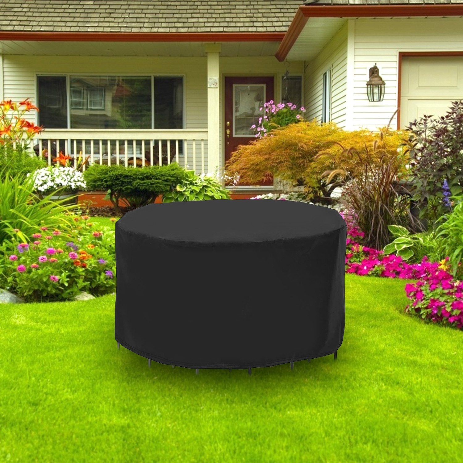 A Circular Table Cover UV Water Resistant Outdoor Furniture Protector fitting over a round table, with the table's legs visible.