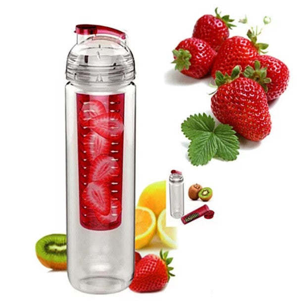 A Fruitcola Dome Fruit Infuser Water Bottle with a built-in fruit infuser, surrounded by fresh strawberries, kiwi, lemon, and mint leaves.
