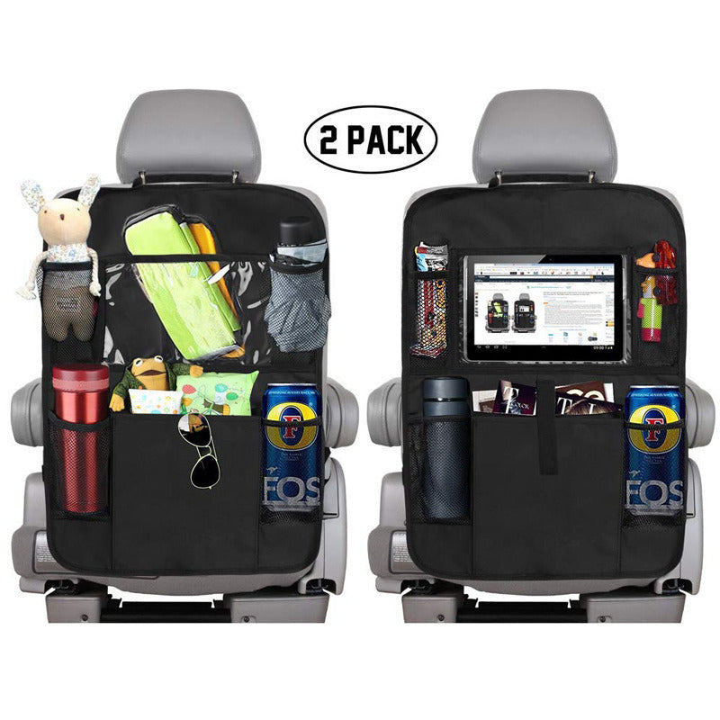 Two Backseat Car Organizers - 2PK, equipped with tablet holders and filled with items like bottles, snacks, and electronics, installed in a vehicle.