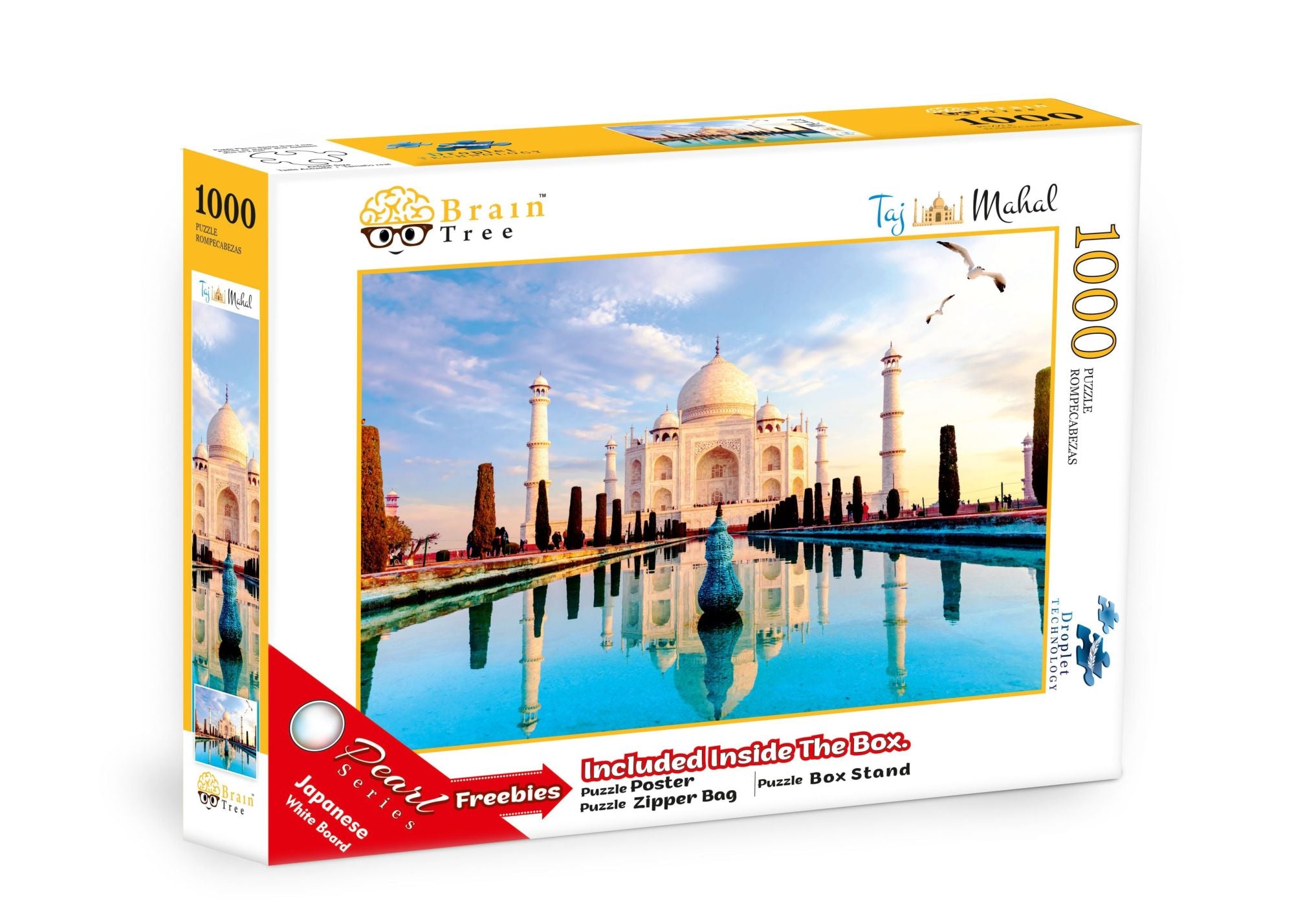 A Taj Mahal Jigsaw Puzzles 1000 Piece featuring an image of the Taj Mahal with reflections in water, labeled "1000 pieces" and branded by Brain Tree.