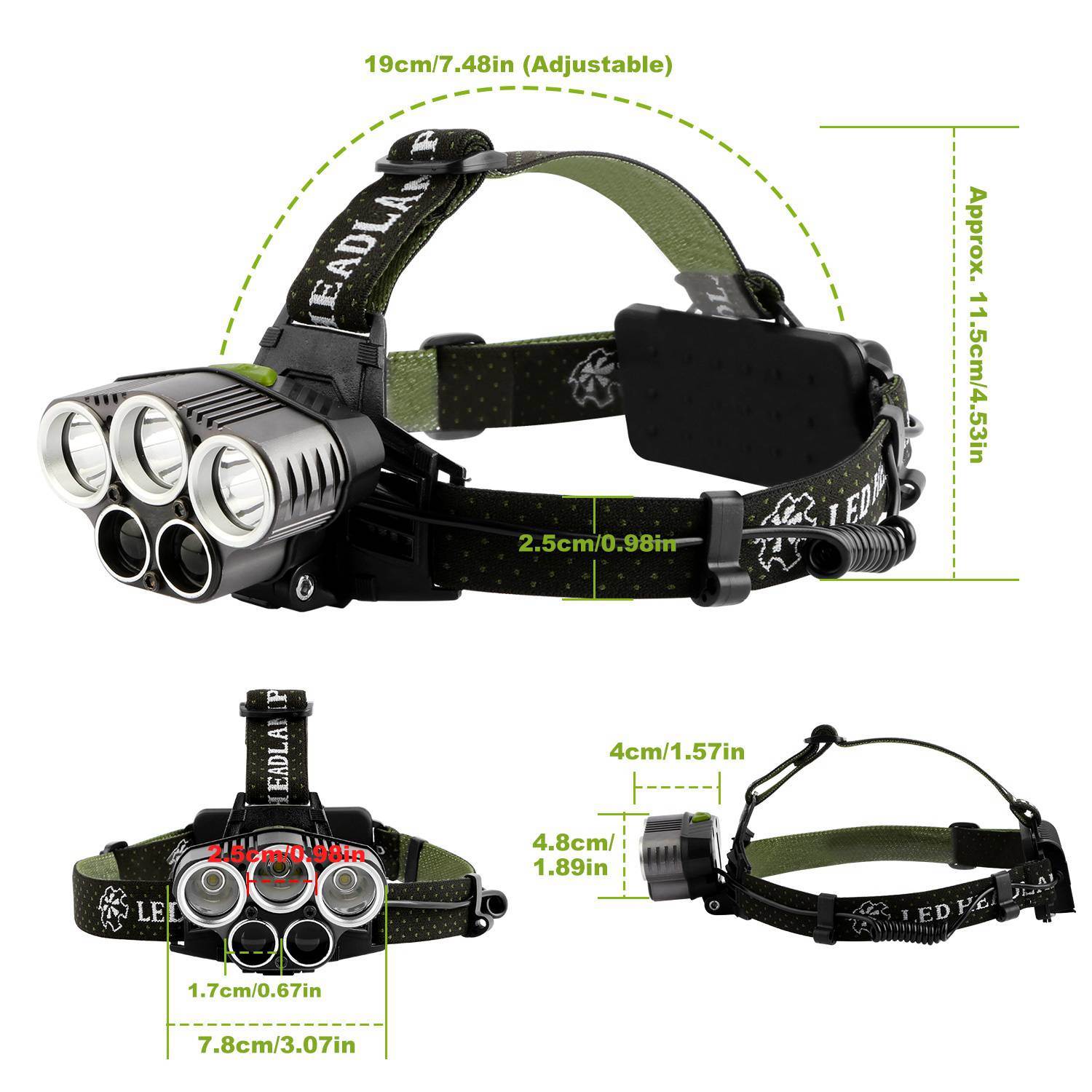 Rechargeable Headlamp 20000 Lumen LED Headlight 6 Modes Headlamp with adjustable straps, multiple lighting modes, and USB charging, displayed alongside batteries and icons highlighting its features. A background image shows a user wearing the headlamp outdoors.