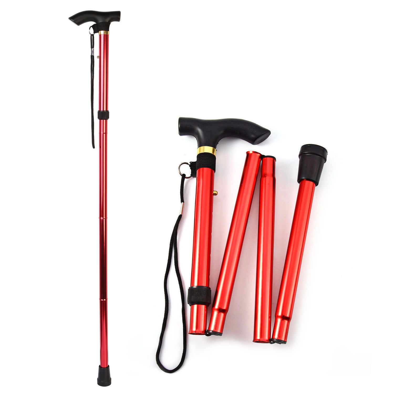 Red Walking Cane Aluminum Alloy Walking Stick Adjustable Folding Travel Hiking Stick extended and folded, isolated on a white background.
