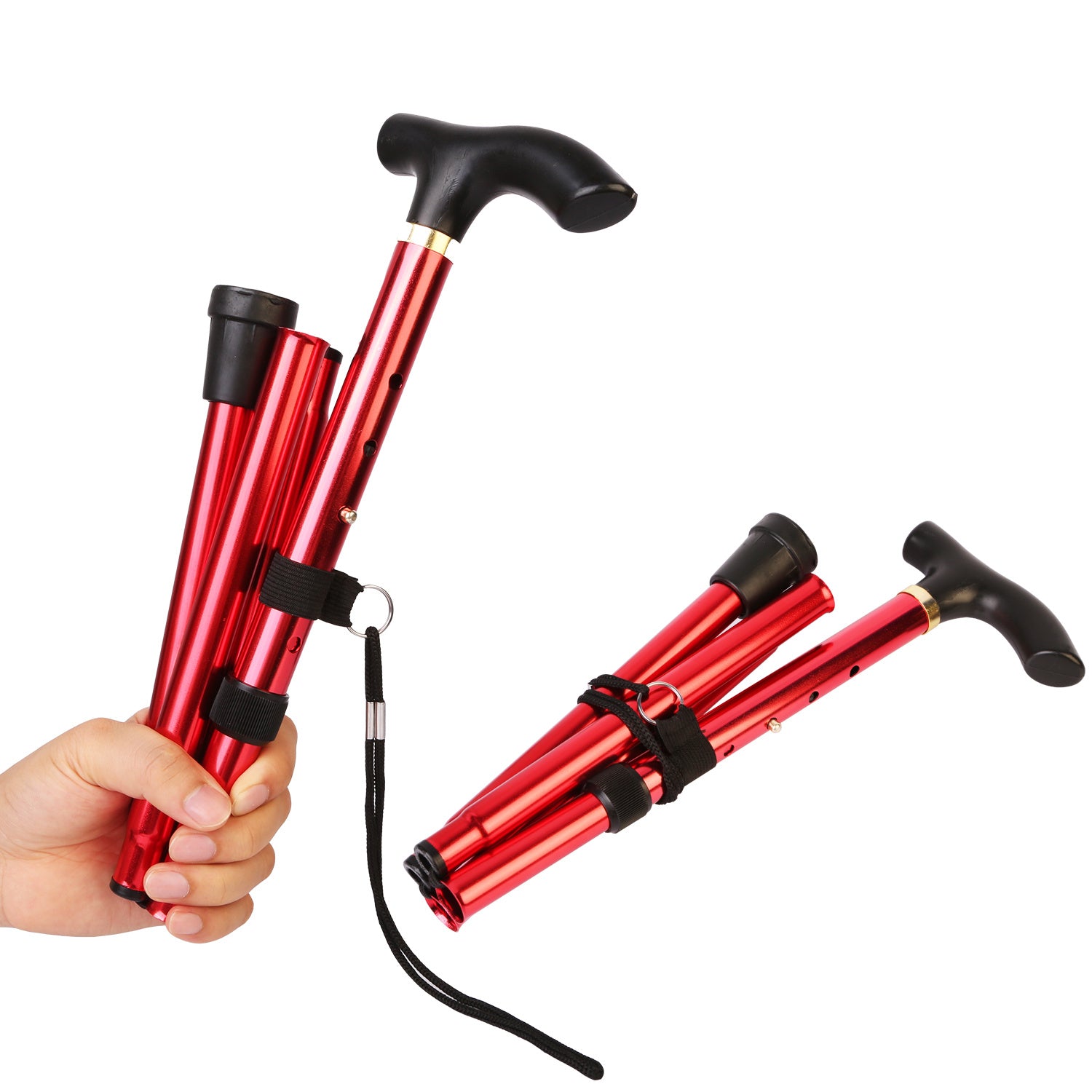 Red Walking Cane Aluminum Alloy Walking Stick Adjustable Folding Travel Hiking Stick extended and folded, isolated on a white background.
