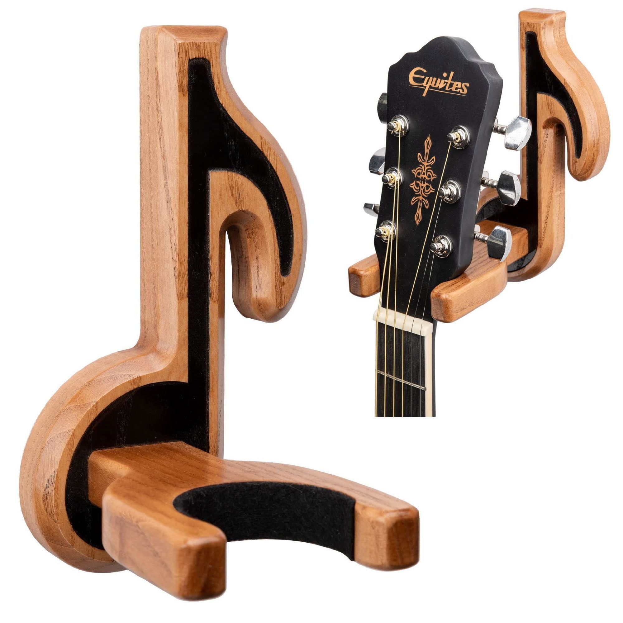 A Guitar Holder Wall Mount Ash Wood with a detailed guitar neck and headstock positioned within it, isolated on a white background.