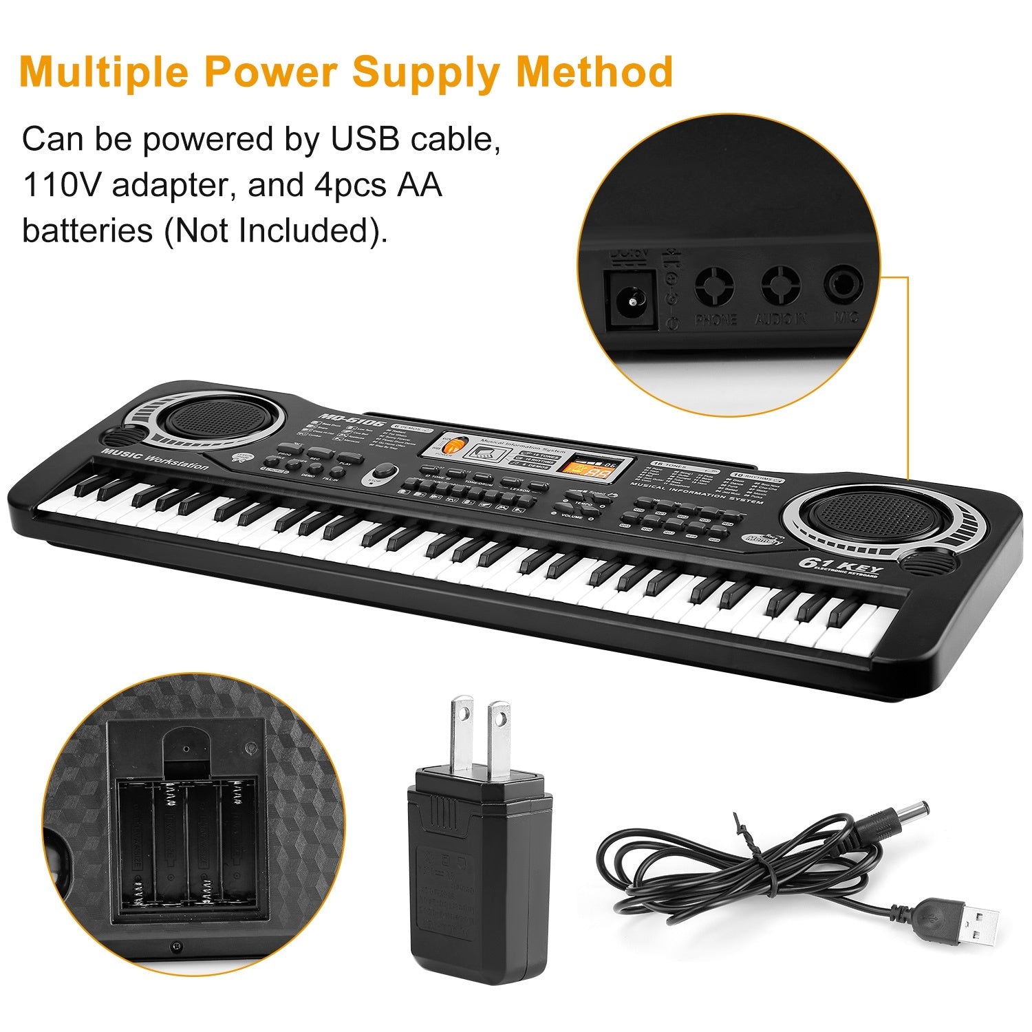 Collage of children playing musical instruments and a 61 Keys Digital Music Electronic Keyboard Electric Piano Musical Instrument Kids Learning Keyboard with features highlighted, including keys, tones, and accessories.