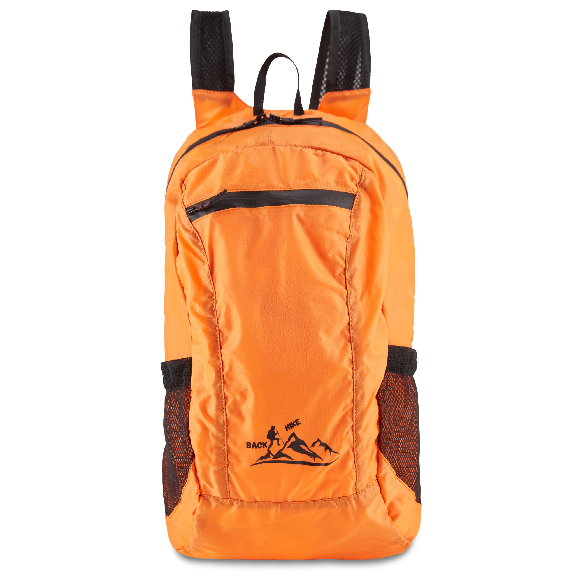A hand holding a small, black HIKE Back- Folding Backpack with a white hiker icon printed on it, isolated against a white background.