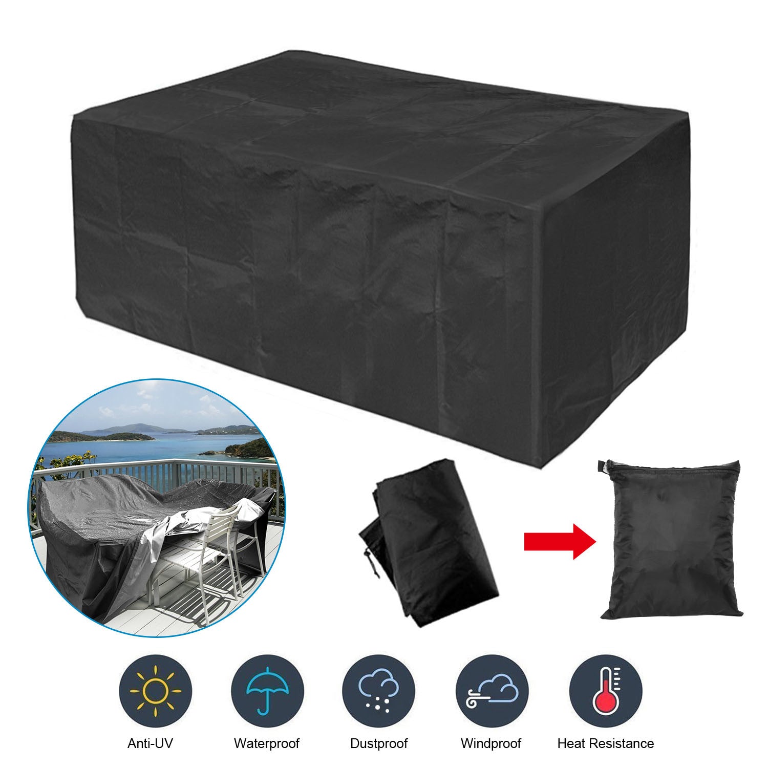 Large black 210D Waterproof Outdoor Furniture Cover made of Oxford cloth on a balcony, labeled as waterproof, anti-UV, windproof, and snow resistant, with an inset showing the cover in use and its storage bag.
