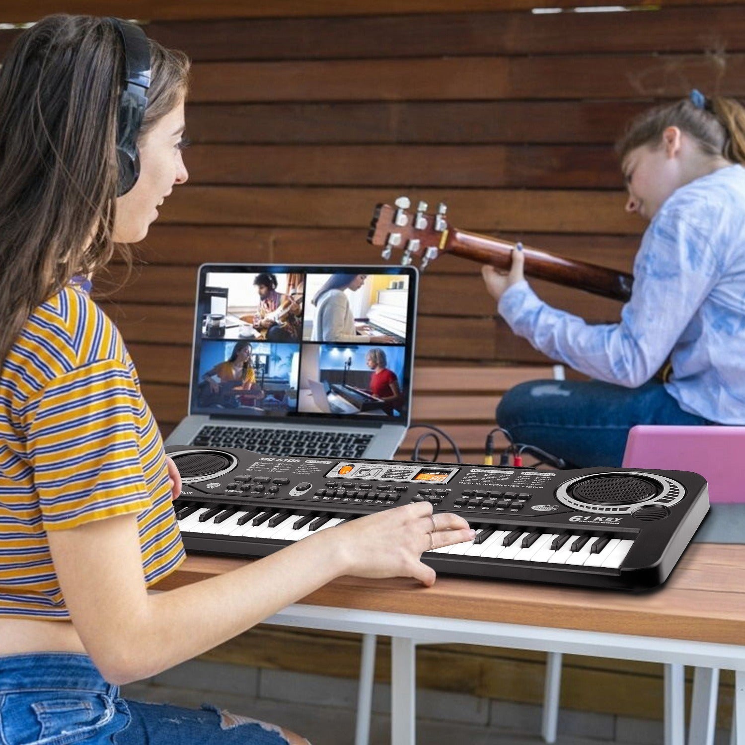Collage of children playing musical instruments and a 61 Keys Digital Music Electronic Keyboard Electric Piano Musical Instrument Kids Learning Keyboard with features highlighted, including keys, tones, and accessories.