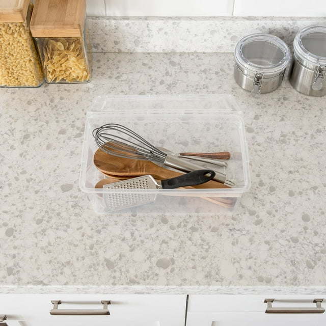 5 Qt. (1.25 gal.) Small Stackable Plastic Closet Storage Boxes filled with various items like toys, clothes, and office supplies.