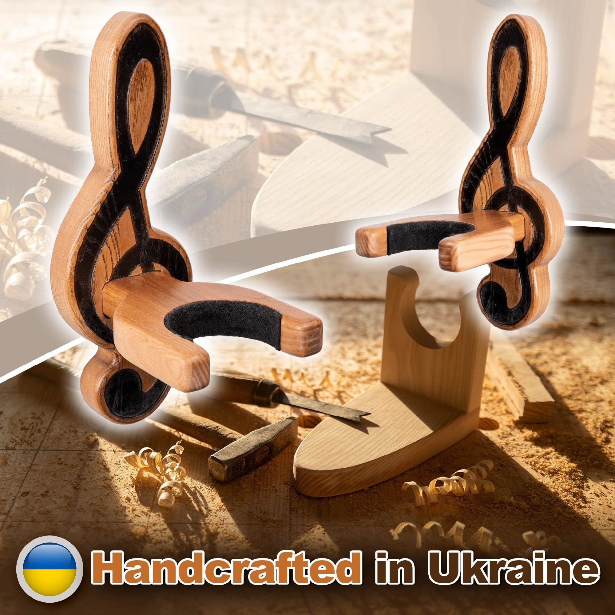 TESLYAR Guitar Holder Wall Mount Ash Wood Wooden Guitar Hanger Hook Stand Rack holding an acoustic guitar headstock, isolated on a white background.