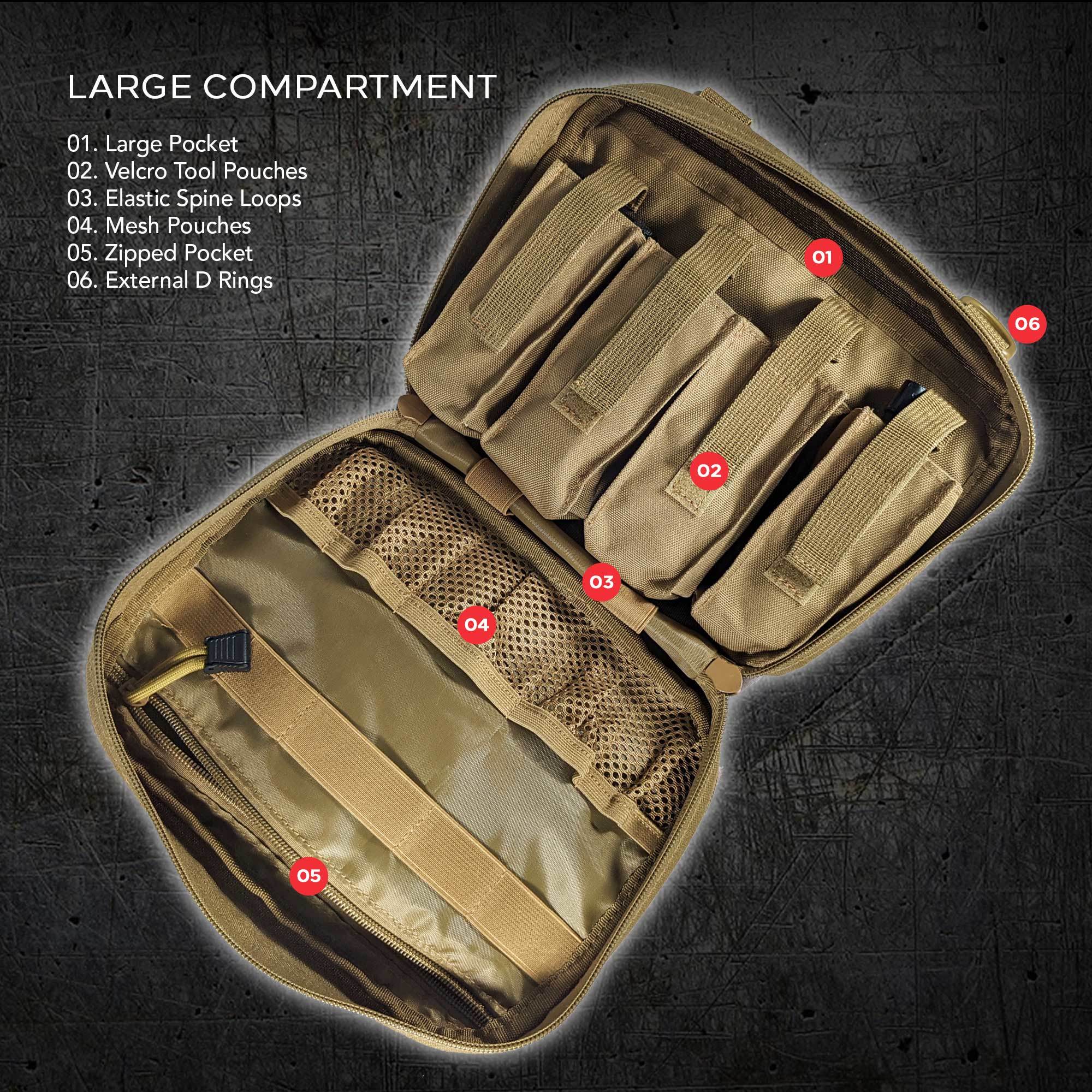 Open black tactical backpack displaying internal compartments and a detached Excursion Gear Organizer, isolated on a white background.