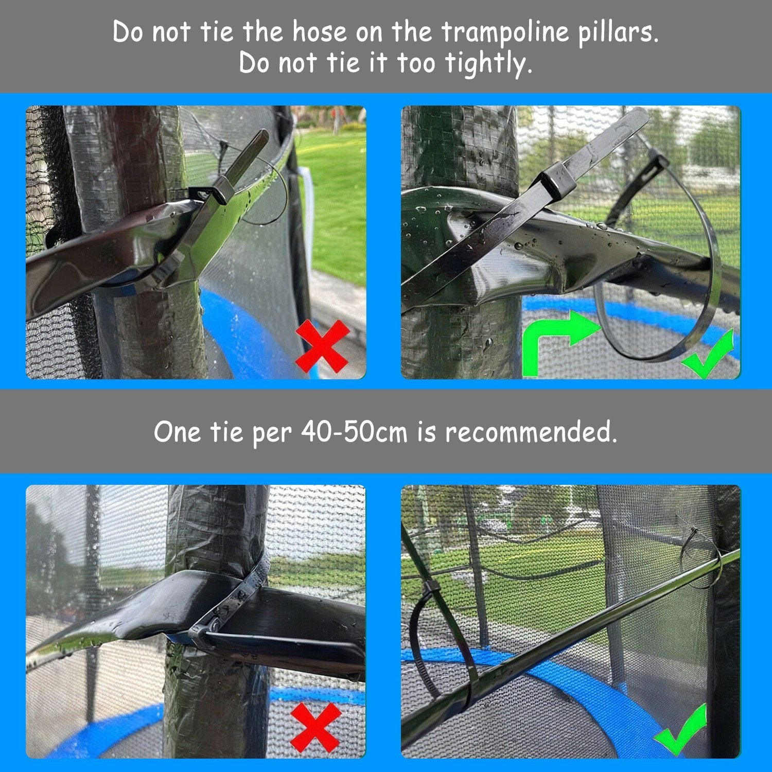Children play on a Kids Trampoline Sprinkler under a Kids Trampoline Sprinkler, with a spray hose and attachments visible in the foreground.