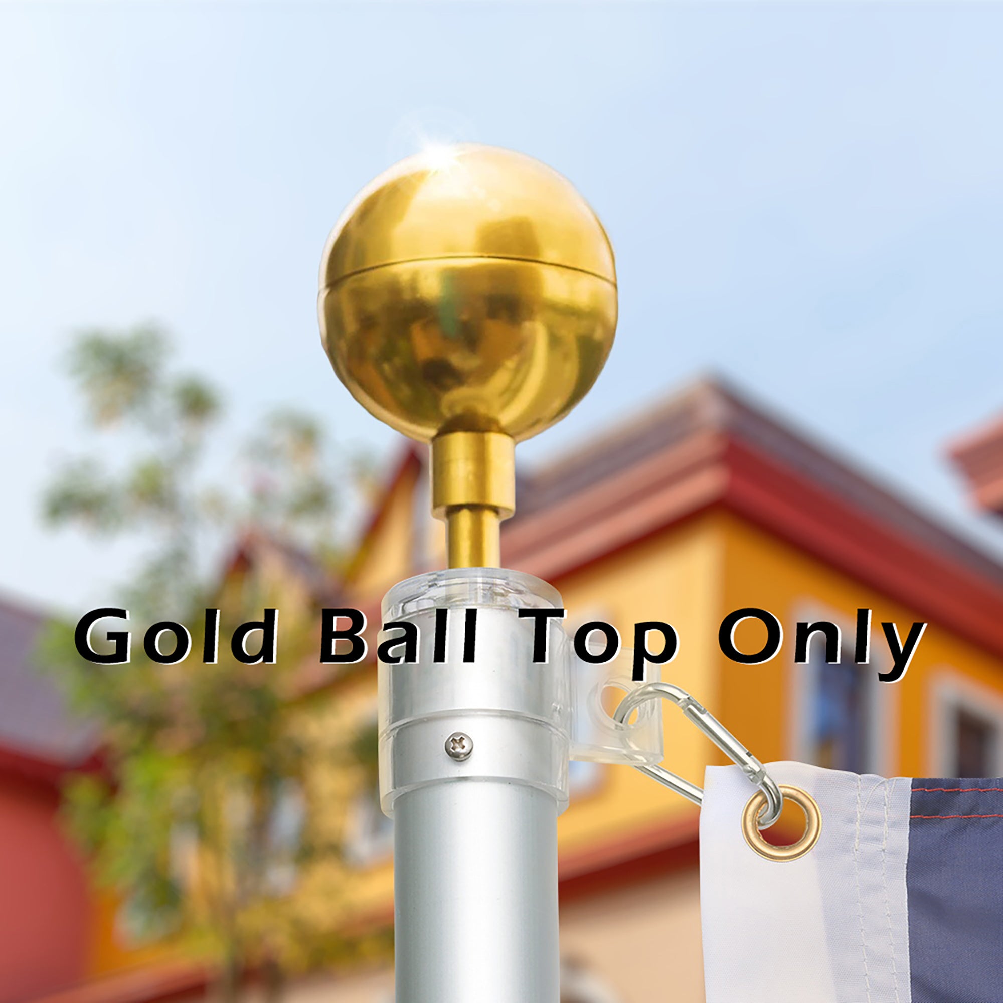 A Gold Ball For 16ft 20ft 25ft Flag Pole atop a threaded post, split horizontally in the center, isolated on a white background.