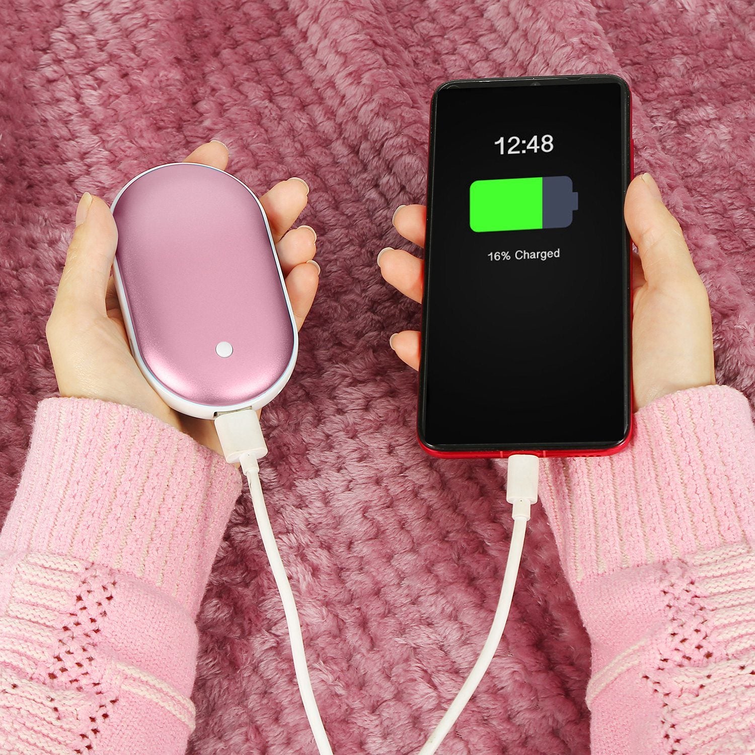 Silver Portable Hand Warmer 5000mAh Power Bank Rechargeable Pocket Warmer Double-Sided Heating Hand Warmer with a round power button, LED indicators, and a USB port on a white background.