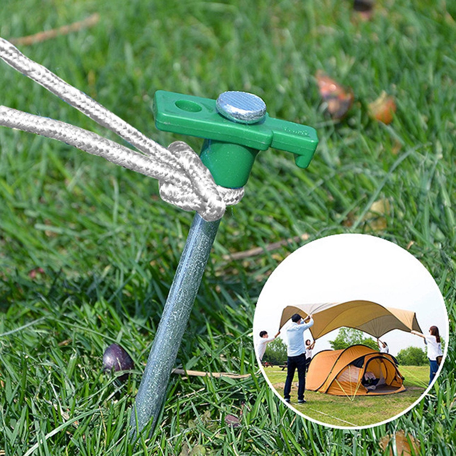 Two metal tent poles with green ends, four coiled white ropes, and twelve Tent Pegs Ropes Set 20Pcs 9.8in Heavy Duty Tent Stakes Nails Spike with 4x 9.8ft Nylon Ropes Tent Pop Up Canopy Stakes arranged symmetrically on a white background.