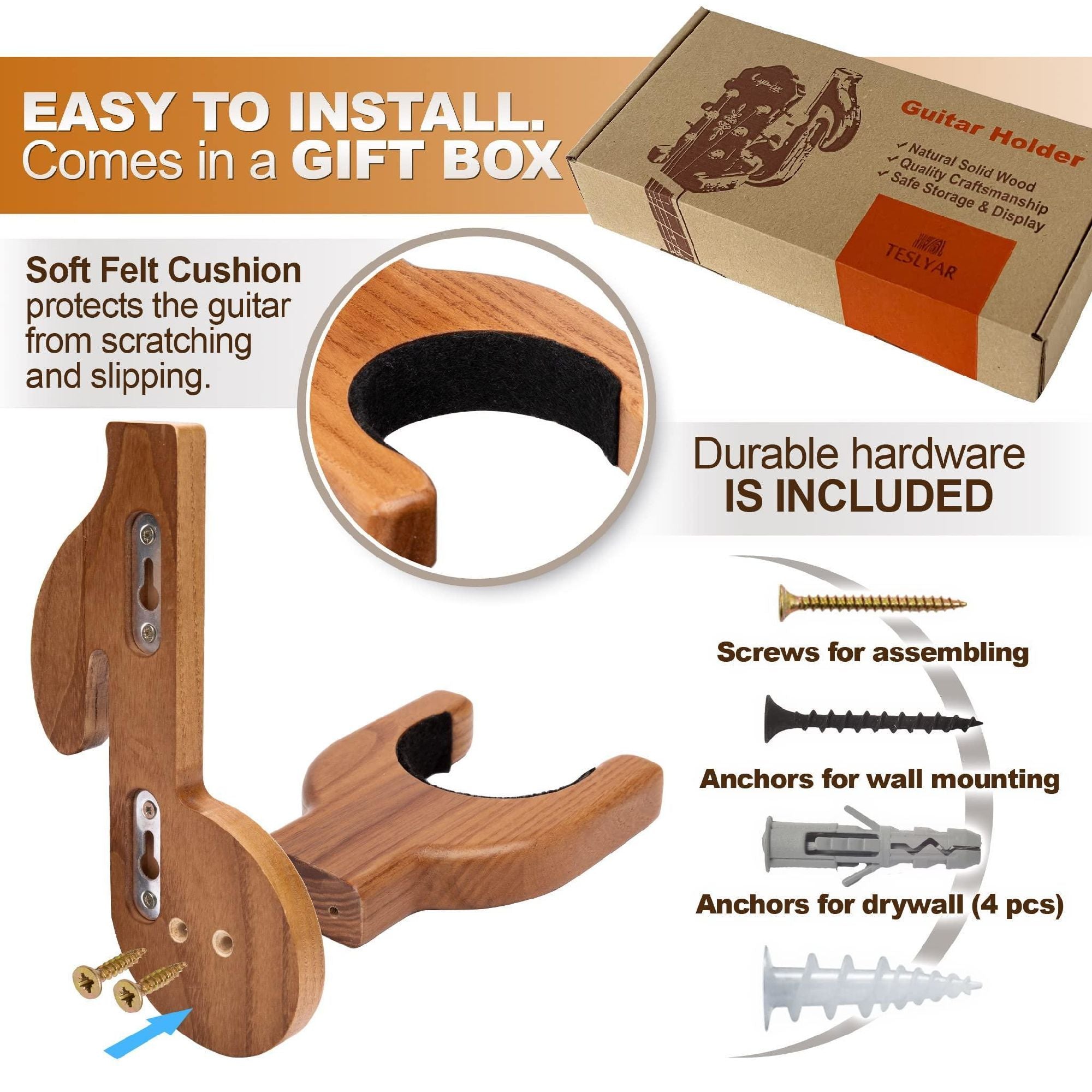 A Guitar Holder Wall Mount Ash Wood with a detailed guitar neck and headstock positioned within it, isolated on a white background.