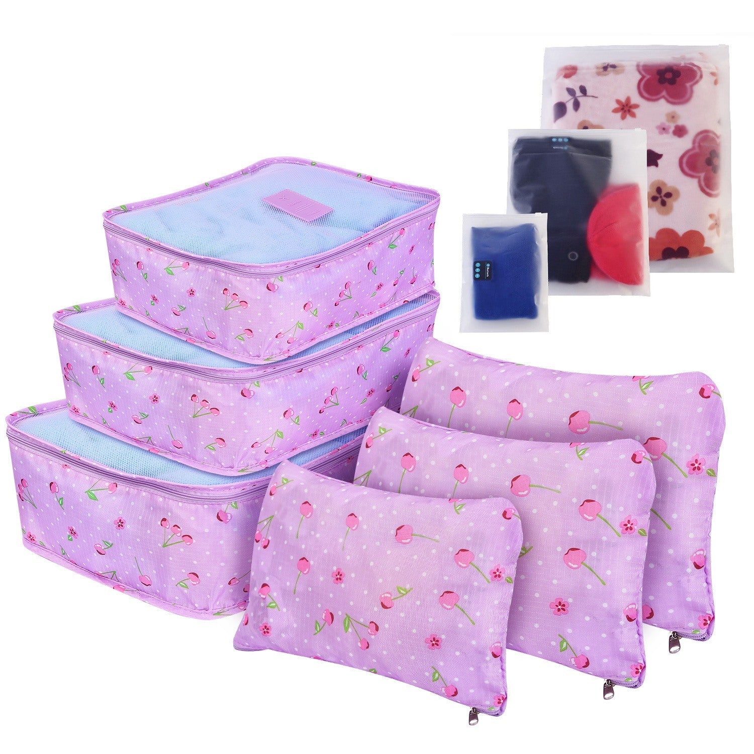 Set of four 9Pcs Clothes Storage Bags Water-Resistant Travel Luggage Organizer Clothing Packing Cubes of varying sizes with clothing items, displayed next to a folded floral blouse, all on a white background.