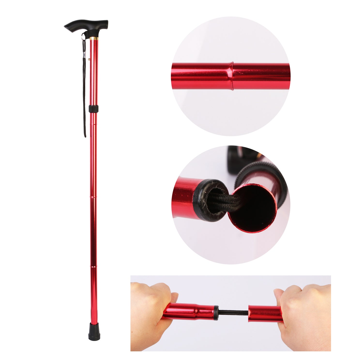 Red Walking Cane Aluminum Alloy Walking Stick Adjustable Folding Travel Hiking Stick extended and folded, isolated on a white background.