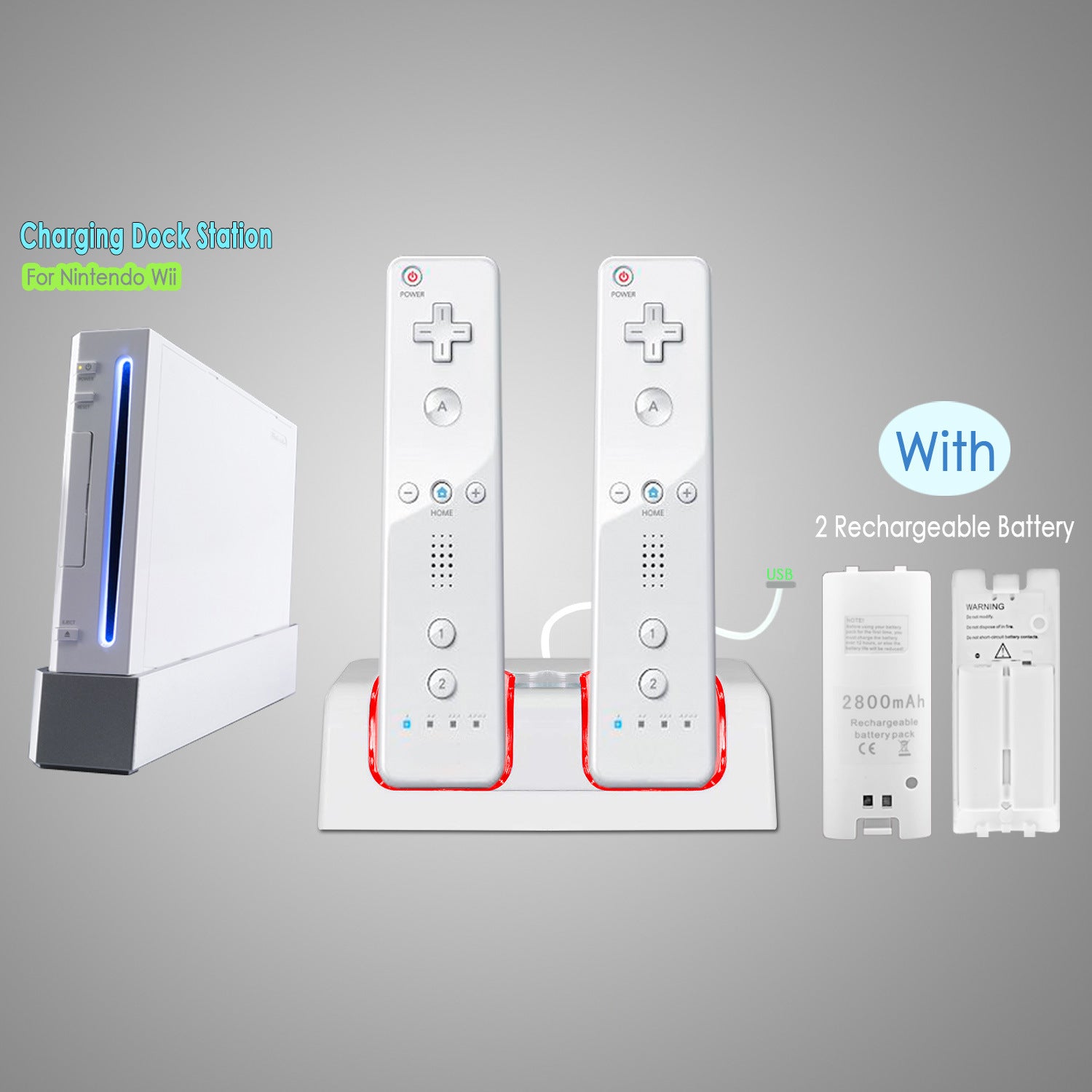 A For Wii Remote Controller Charger Dual Charge Dock with Two 2800mAh Rechargeable Batteries station for gaming controllers with rechargeable batteries, a USB cable, and safety feature icons displayed.