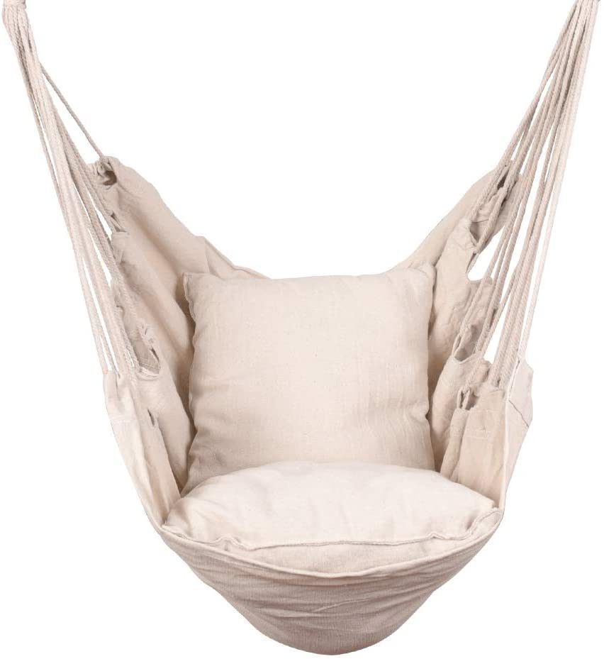 A beige canvas Hammocks Hanging Rope Hammock Chair Swing Seat with Two Seat Cushions and Carrying Bag, displayed against a white background, includes a side view showing the chair rolled up.