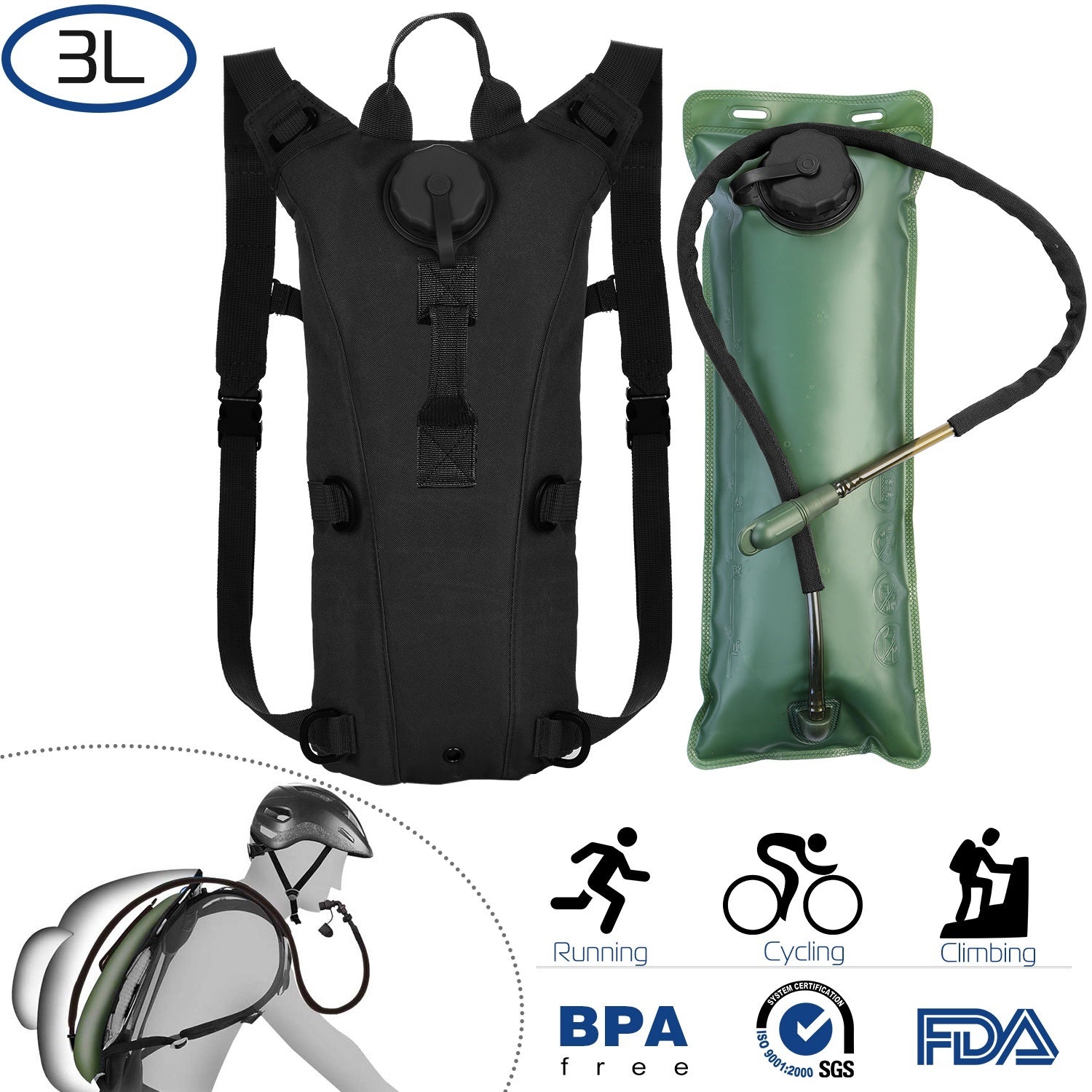 Tactical Hydration Pack suitable for running, cycling, and climbing. Includes water bladder, camo backpack, and icons indicating BPA-free material.