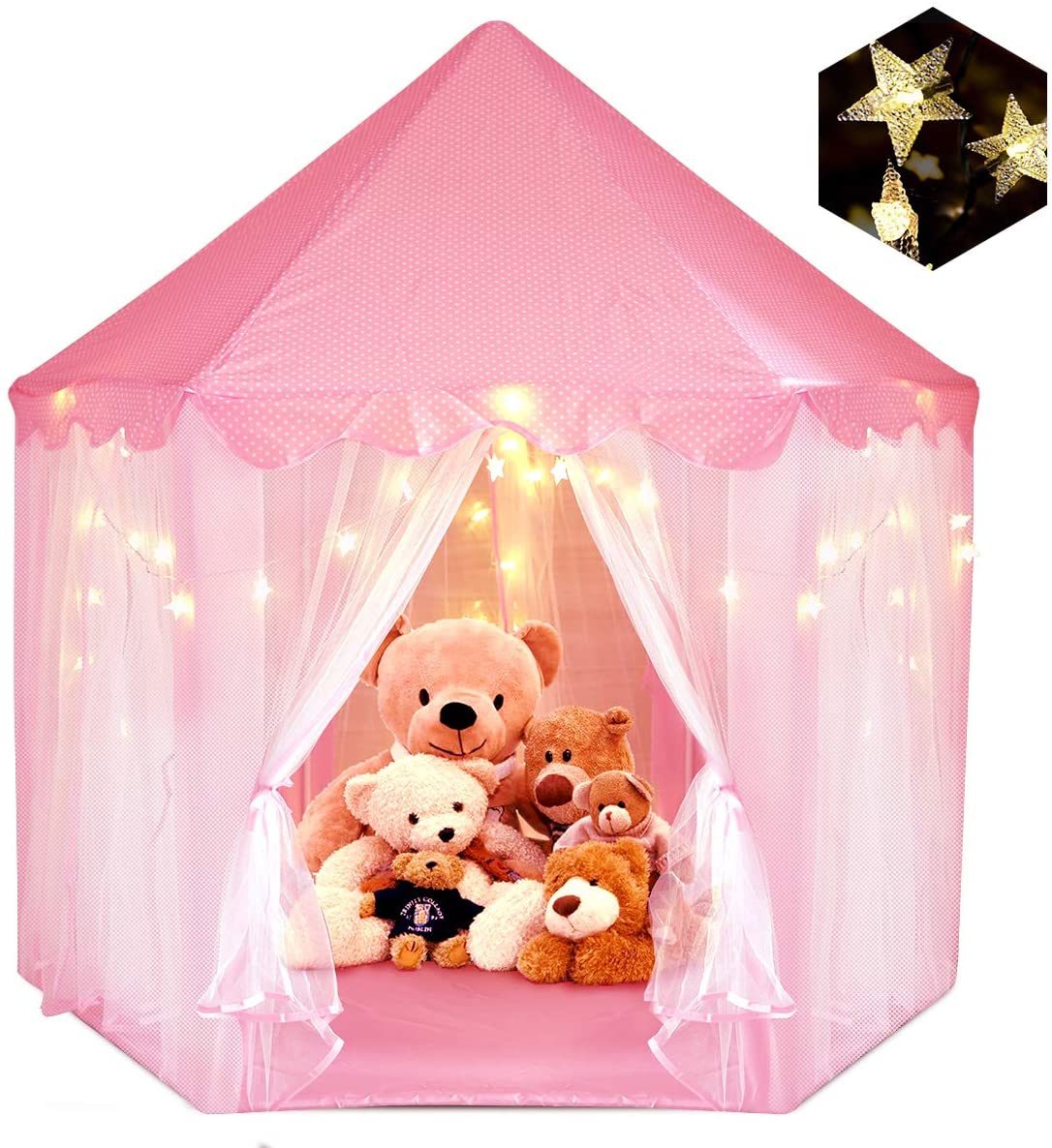 A pink Outdoor Indoor Portable Folding Princess Castle Tent Kids Children Funny Play Fairy House Kids Play Tent with its flap open, displaying several teddy bears inside, illuminated by string lights, with a star-shaped light visible at the top corner.