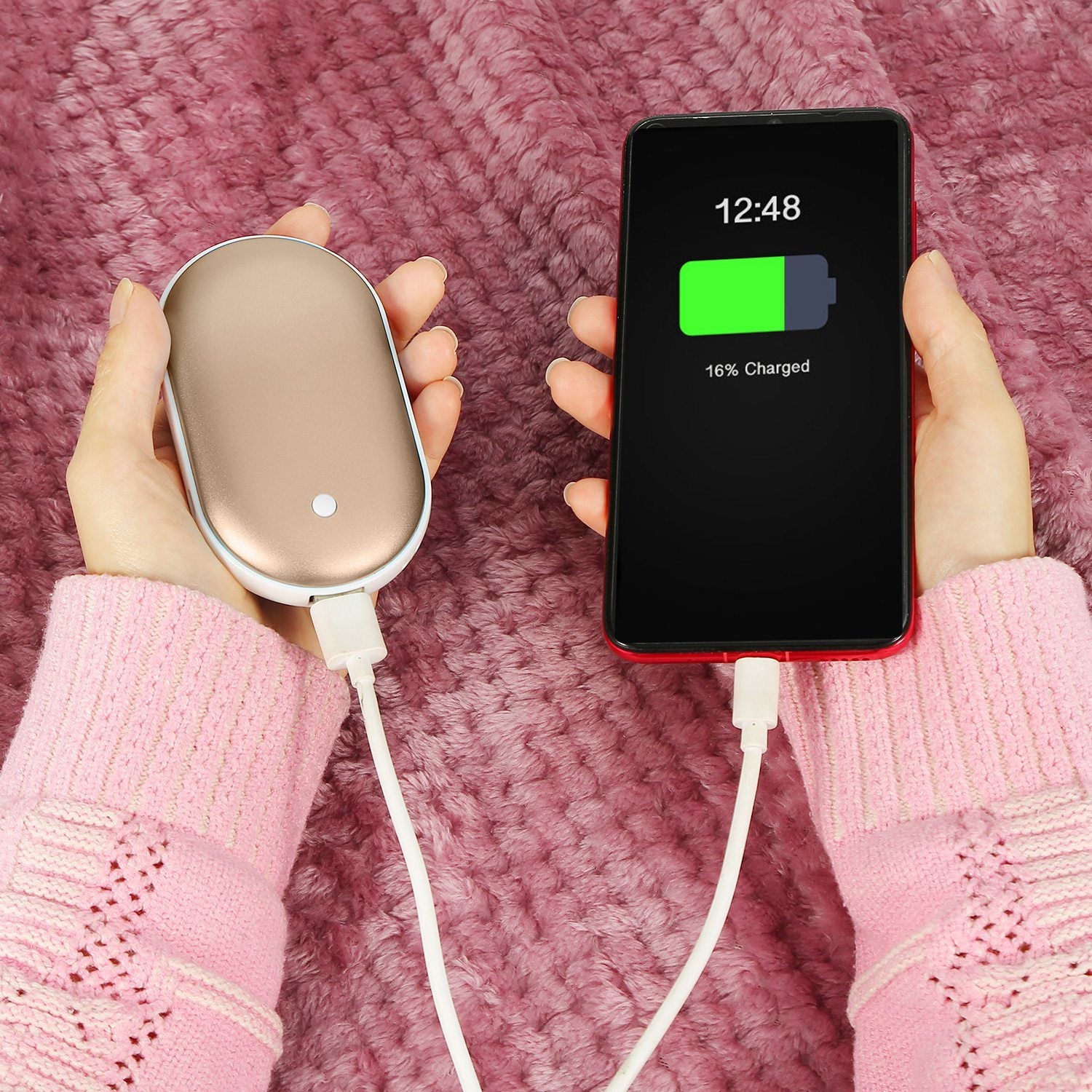Silver Portable Hand Warmer 5000mAh Power Bank Rechargeable Pocket Warmer Double-Sided Heating Hand Warmer with a round power button, LED indicators, and a USB port on a white background.
