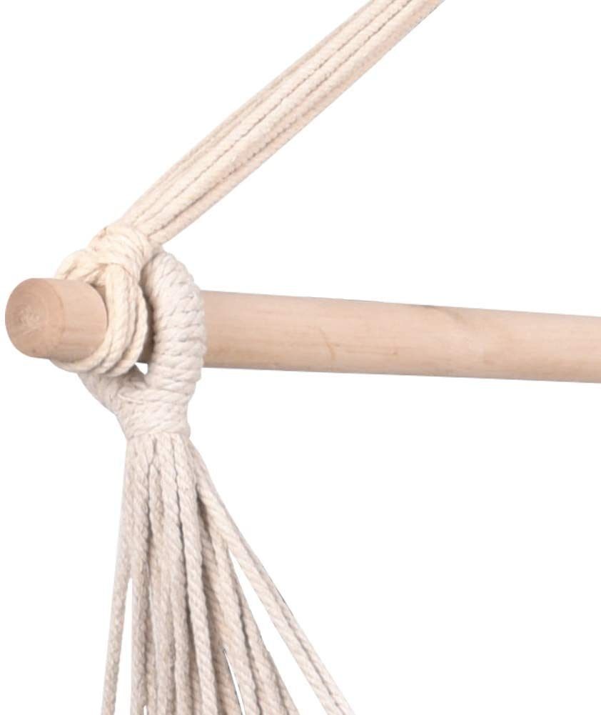 A beige canvas Hammocks Hanging Rope Hammock Chair Swing Seat with Two Seat Cushions and Carrying Bag, displayed against a white background, includes a side view showing the chair rolled up.