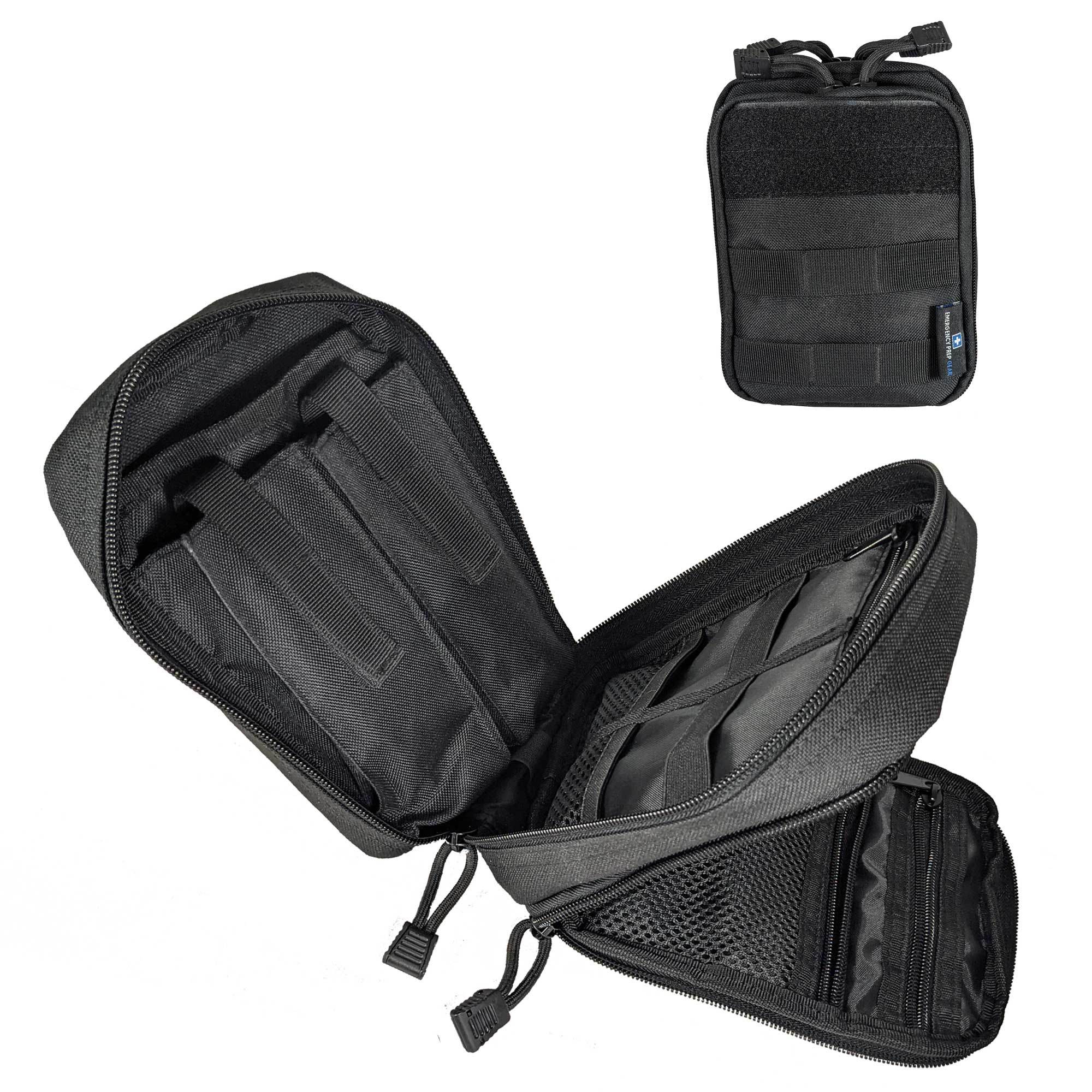 Three black tactical pouches made of 1000D Nylon with zippers, one open to reveal internal compartments, isolated on a white background.