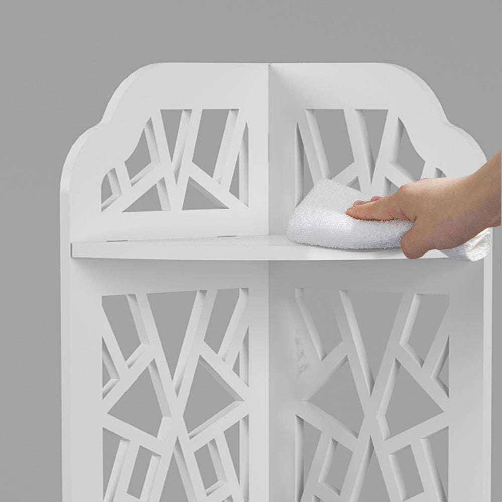 A white Free shipping 3 Tier Corner Shower Shelf Waterproof stocked with various toiletries next to a toilet in a modern bathroom with marble tiles.