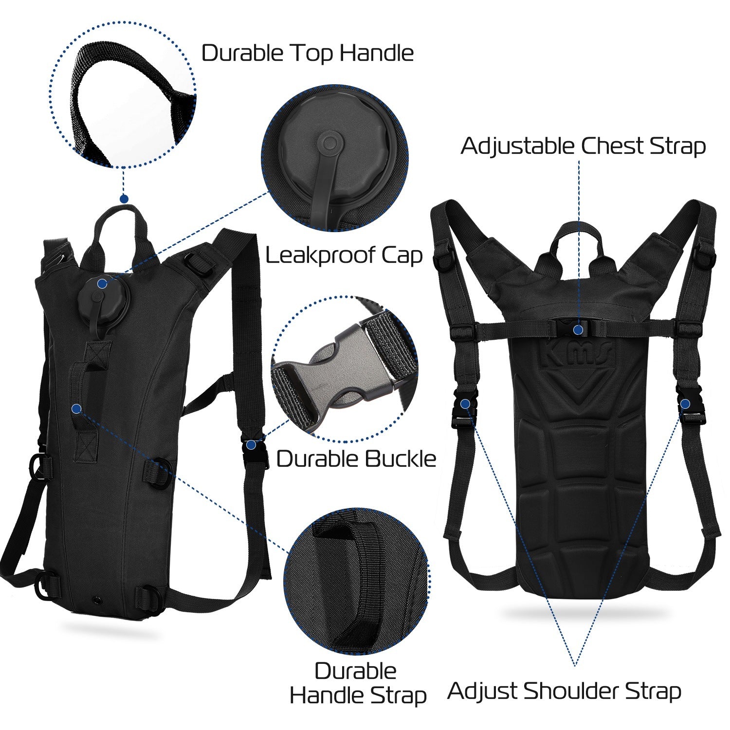 Tactical Hydration Pack suitable for running, cycling, and climbing. Includes water bladder, camo backpack, and icons indicating BPA-free material.