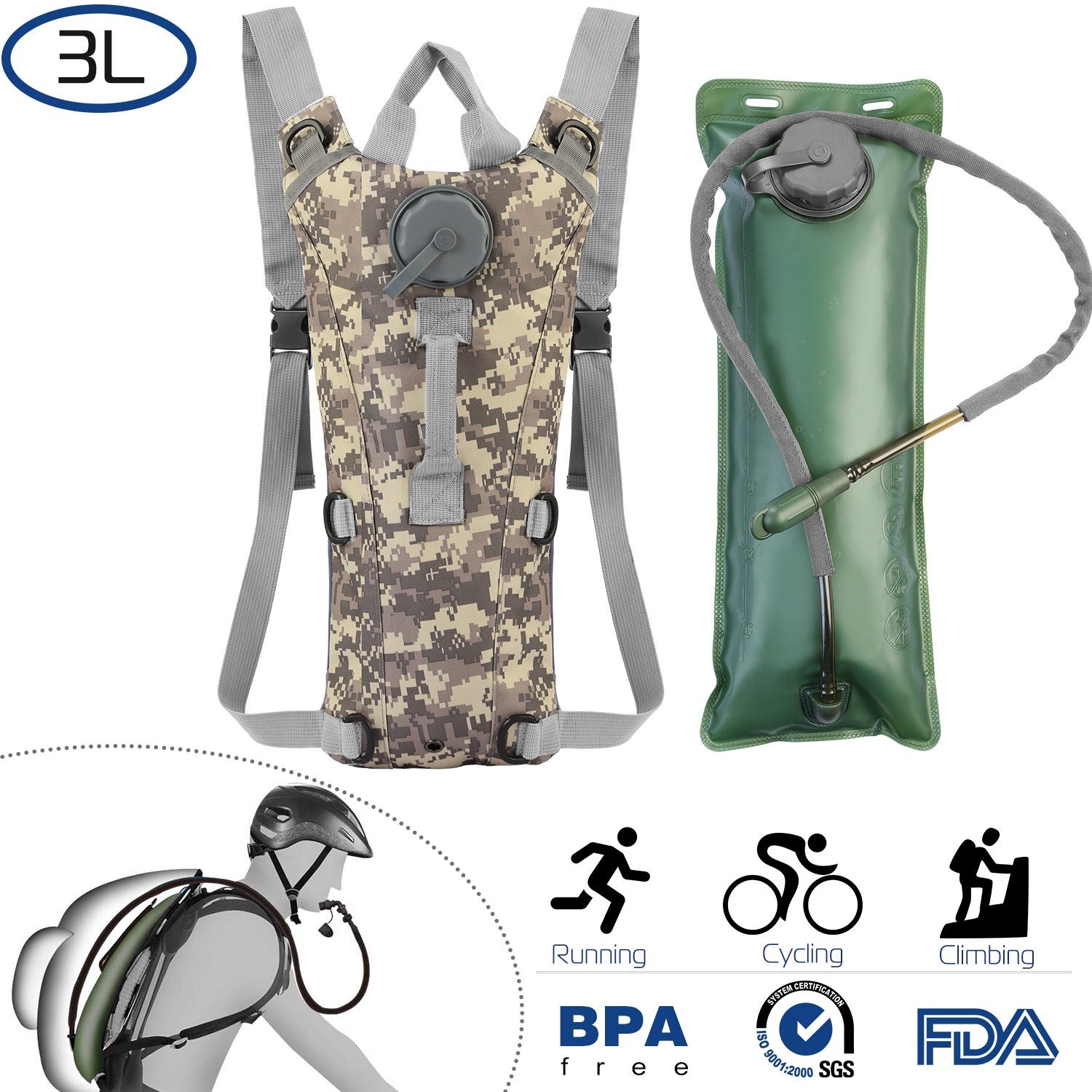Tactical Hydration Pack suitable for running, cycling, and climbing. Includes water bladder, camo backpack, and icons indicating BPA-free material.