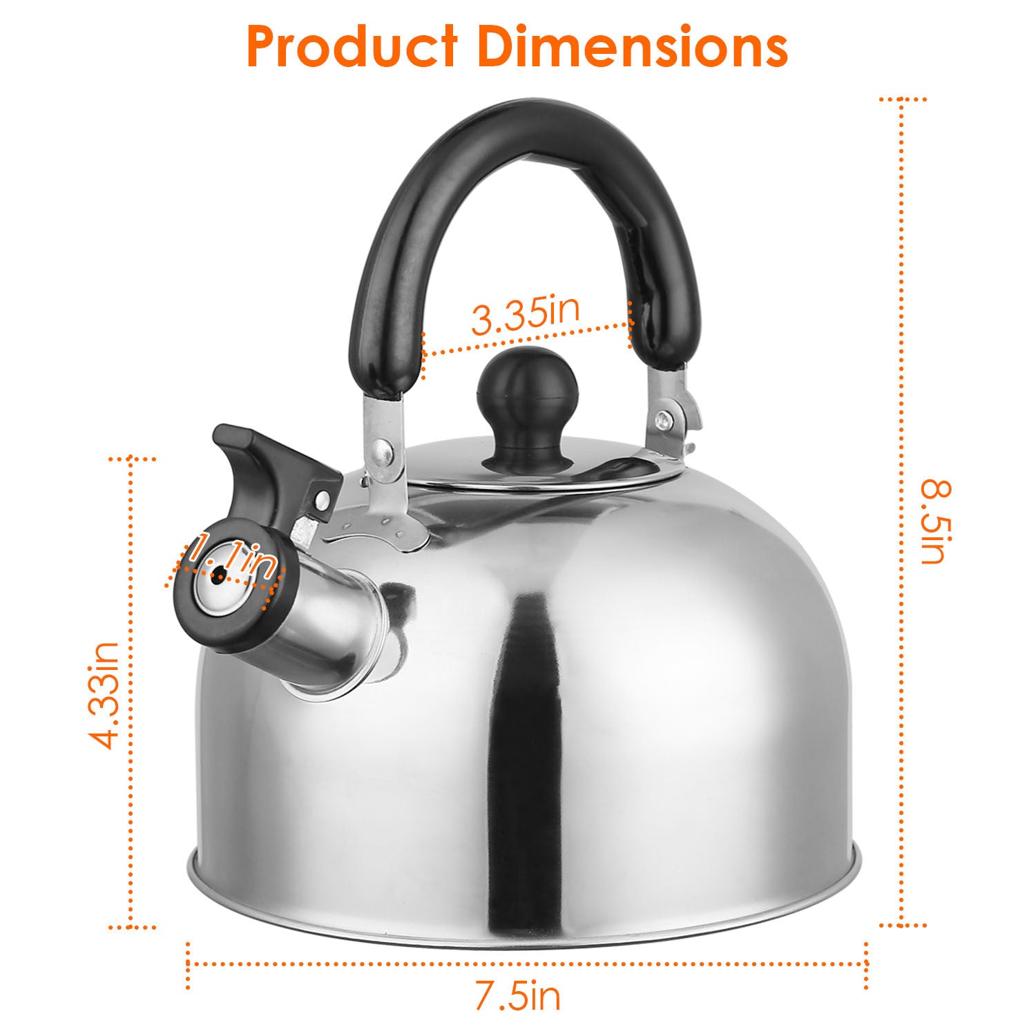 2.1Quarts Stainless Steel Whistling Tea Kettle Stovetop Induction Gas Teapot with Insulated Handle Camping Kitchen Office with a black handle and spout, featuring a loud whistling sound, isolated on a white background.