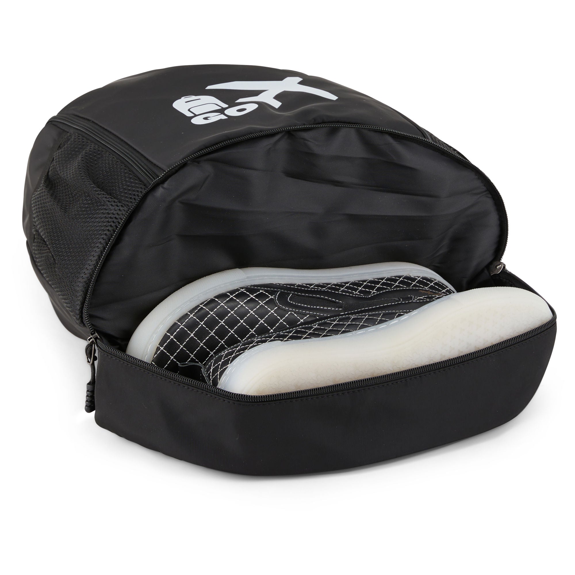 Clarissa GO Bag with a white airplane and suitcase icon, featuring an external pocket and a purple smartphone in a side holder.