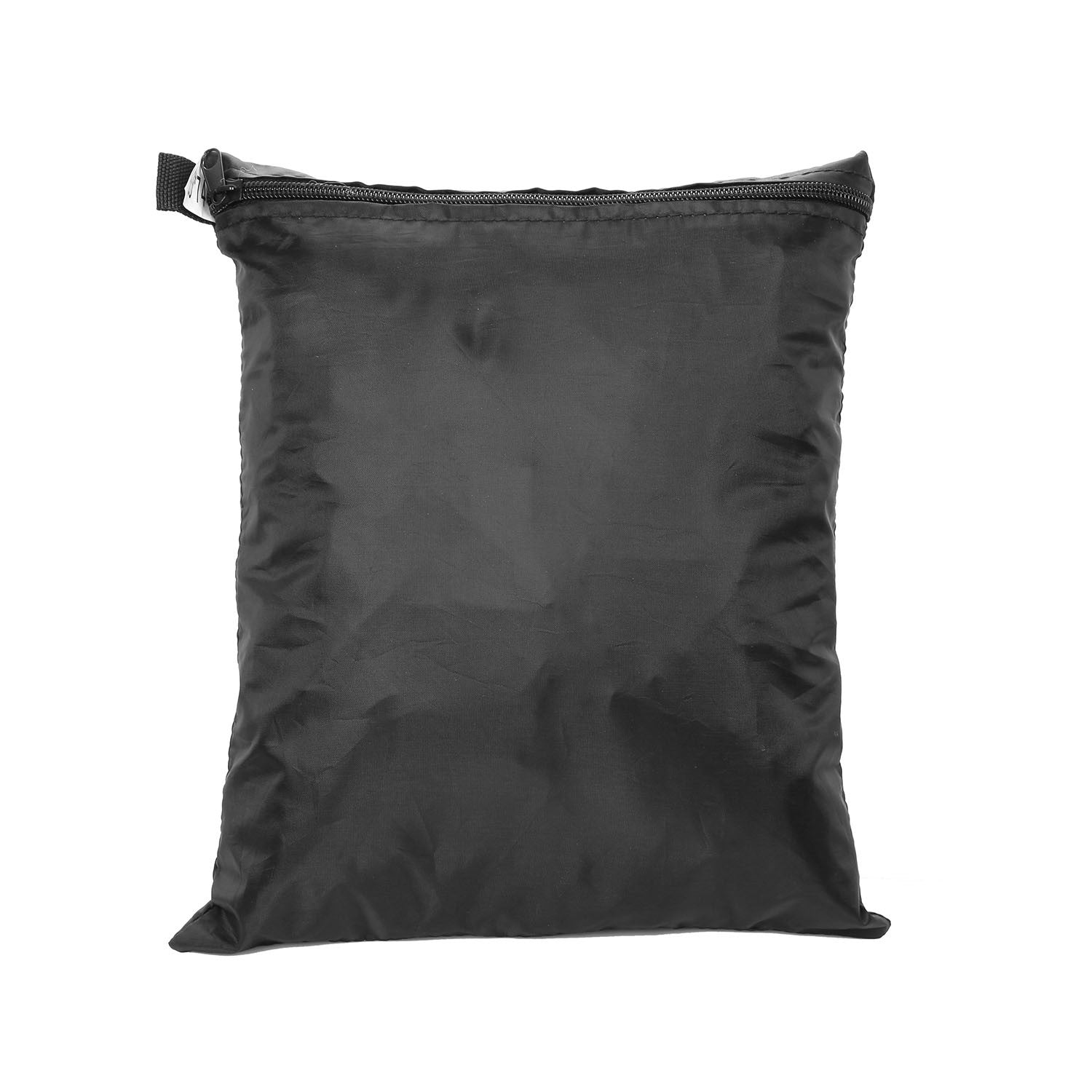 Large black 210D Waterproof Outdoor Furniture Cover made of Oxford cloth on a balcony, labeled as waterproof, anti-UV, windproof, and snow resistant, with an inset showing the cover in use and its storage bag.
