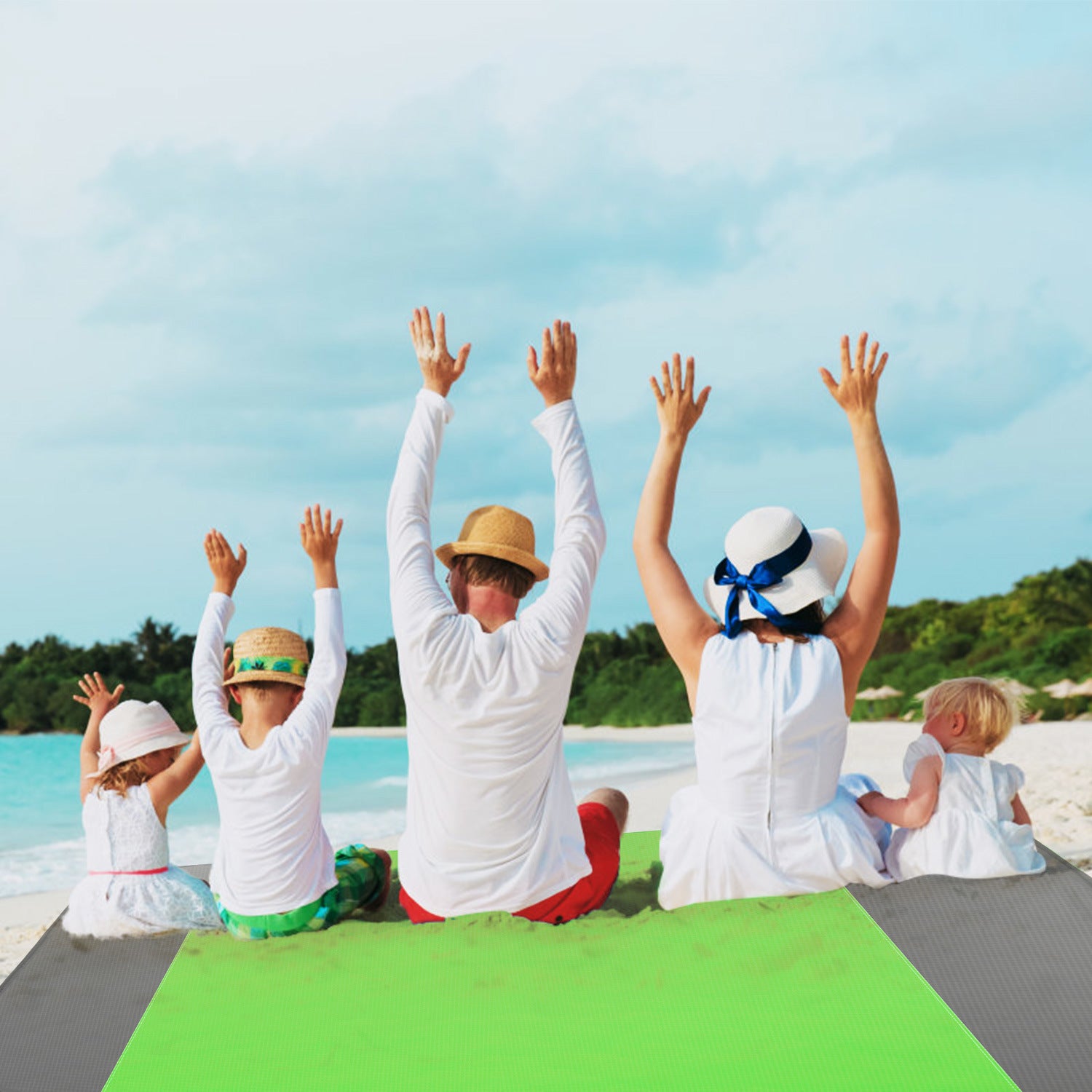 108x96.46in Sand Proof Picnic Blanket Water Resistant Foldable Camping Beach Mat with stakes and a carry bag, isolated on a white background.