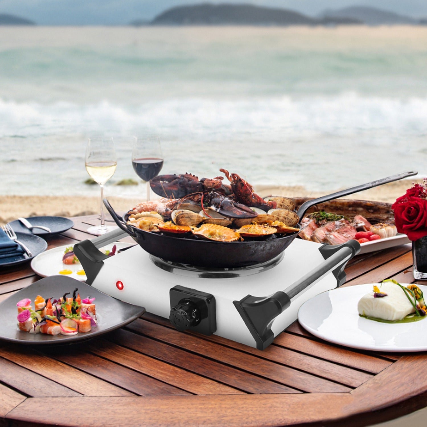 Sentence with Product Name: 1000W Electric Single Burner Portable Coil Heating Hot Plate Stove Countertop RV Hotplate with 5 Temperature Adjustments Portable Handles displayed with a man cooking on it in a kitchen setup.