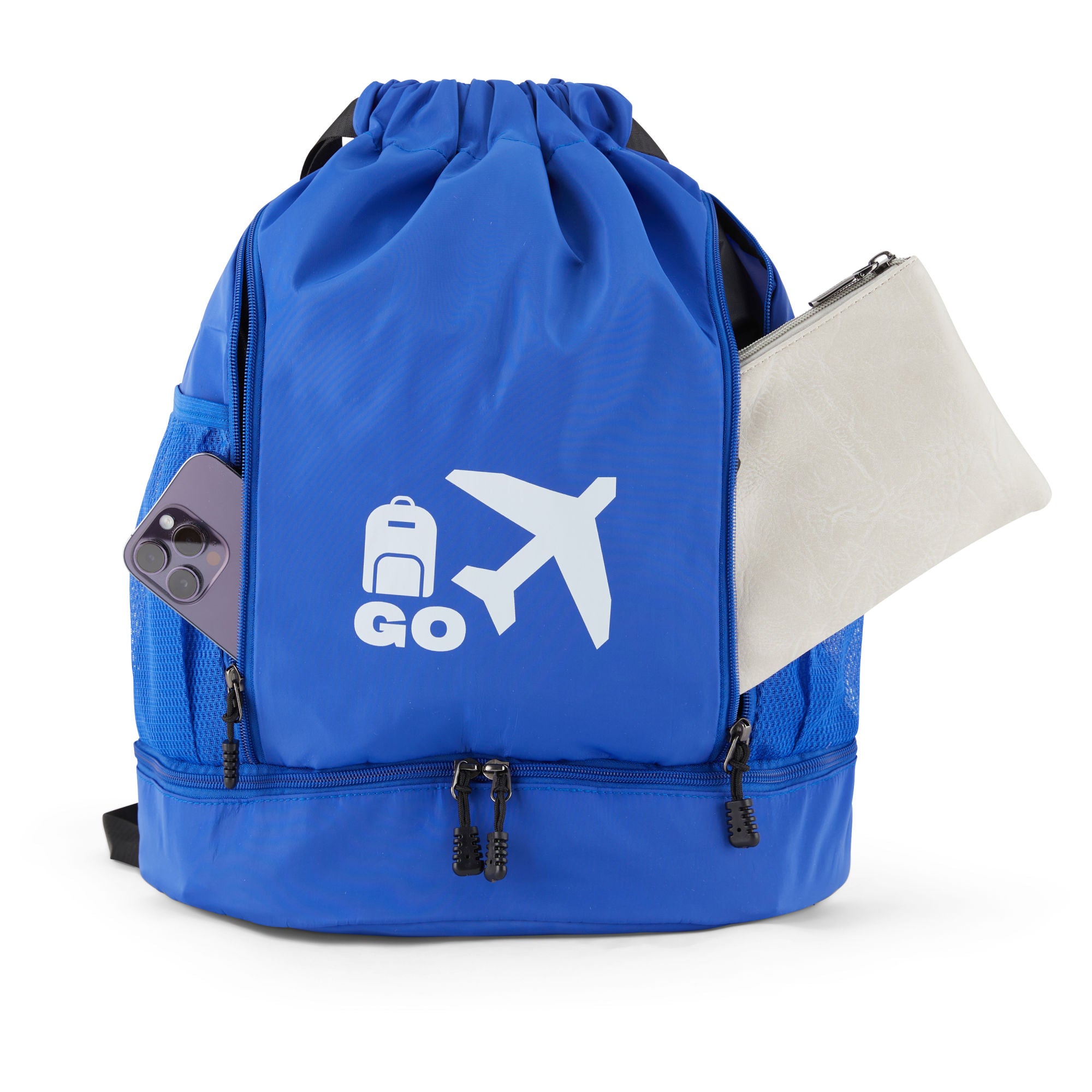 Clarissa GO Bag with a white airplane and suitcase icon, featuring an external pocket and a purple smartphone in a side holder.