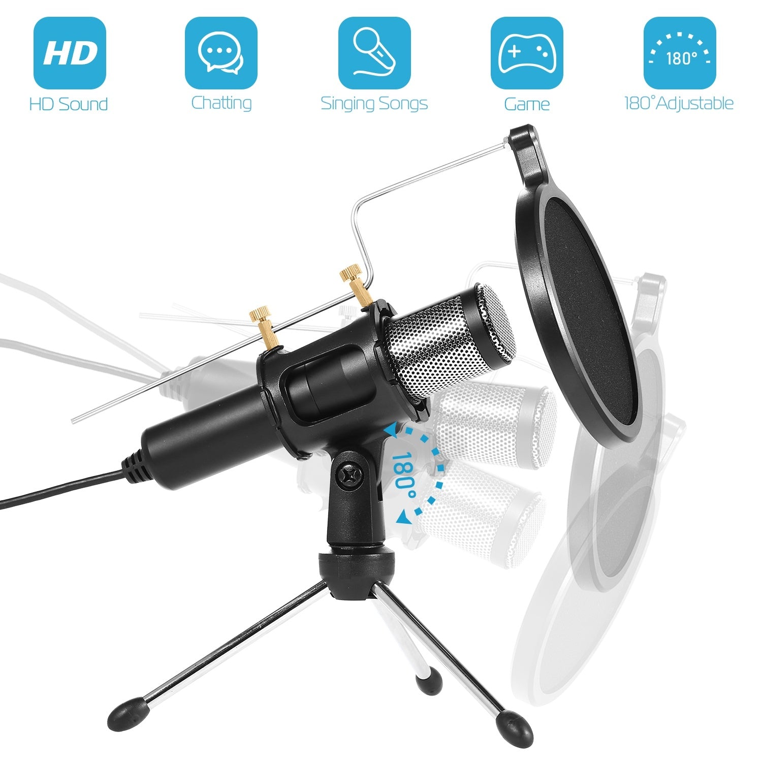Professional Condenser Microphone Studio Recording Cardioid Microphone with pop filter, adjustable tripod, and shock mount, labeled for HD sound and ideal for chatting, singing, and gaming.