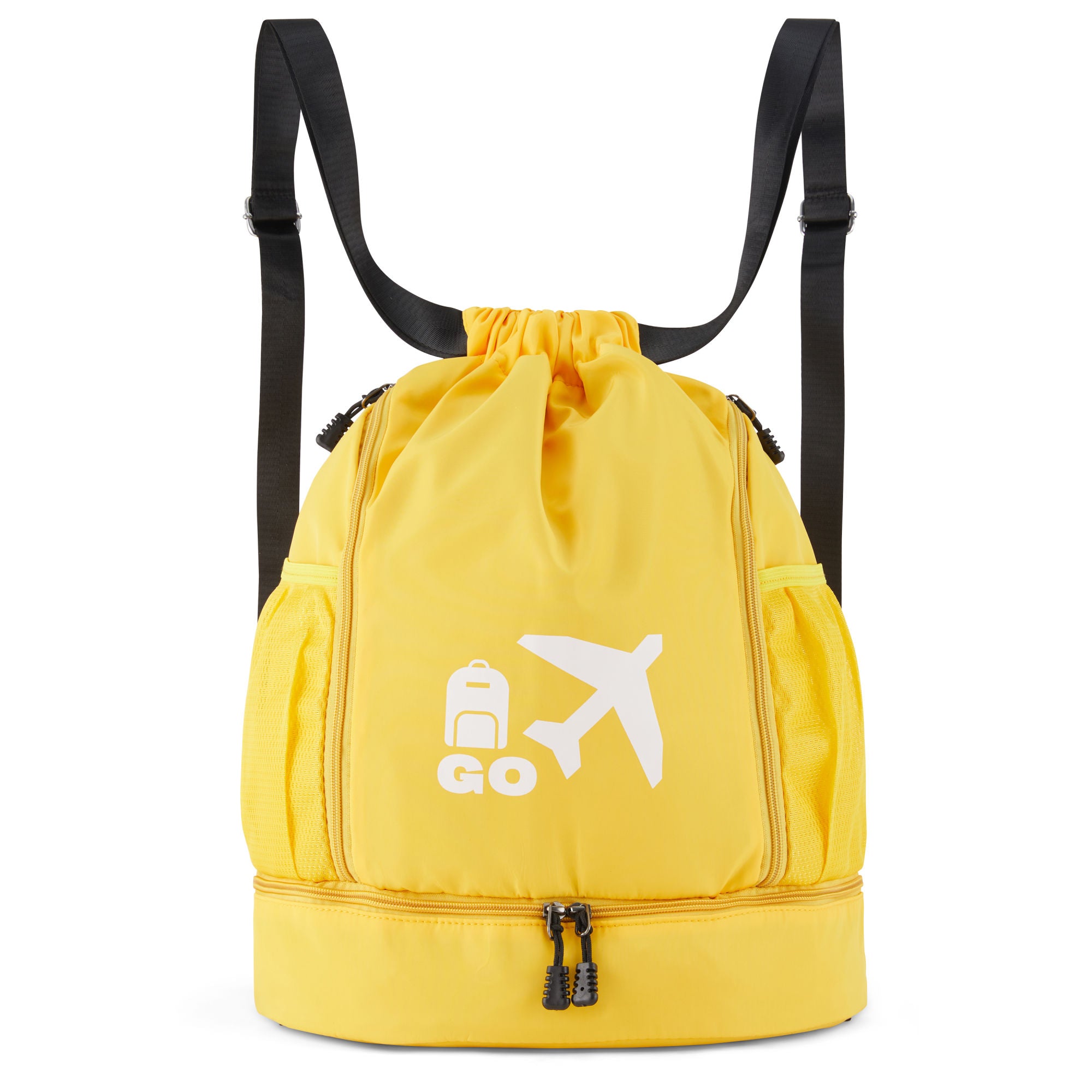 Clarissa GO Bag with a white airplane and suitcase icon, featuring an external pocket and a purple smartphone in a side holder.