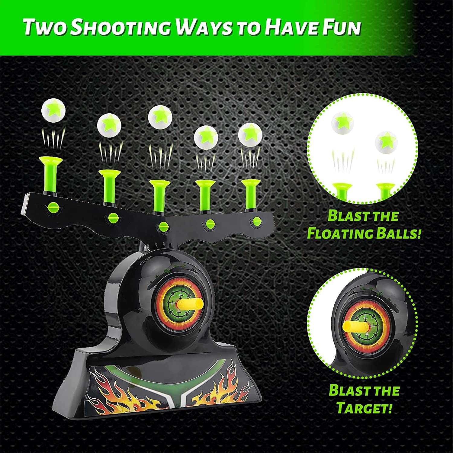 A toy hover shot game set, featuring a neon green and orange Shooting Targets for Nerf Guns Shooting Game Glow in The Dark Floating Ball Target Practice Toys for Kids Boys Hover Shot 1 Blaster Toy Gun 10 Soft Foam Balls 3 Darts Gift, floating ball targets on air streams, and packaging.