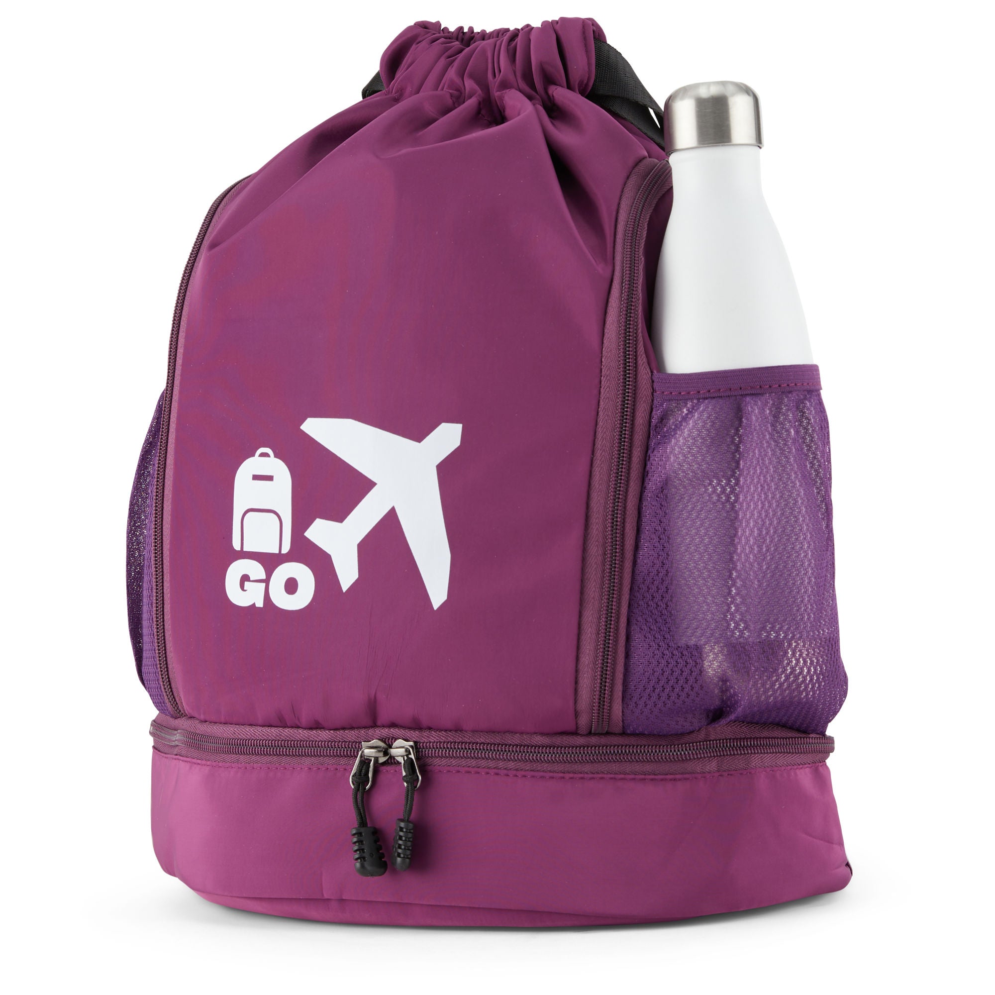 Clarissa GO Bag with a white airplane and suitcase icon, featuring an external pocket and a purple smartphone in a side holder.