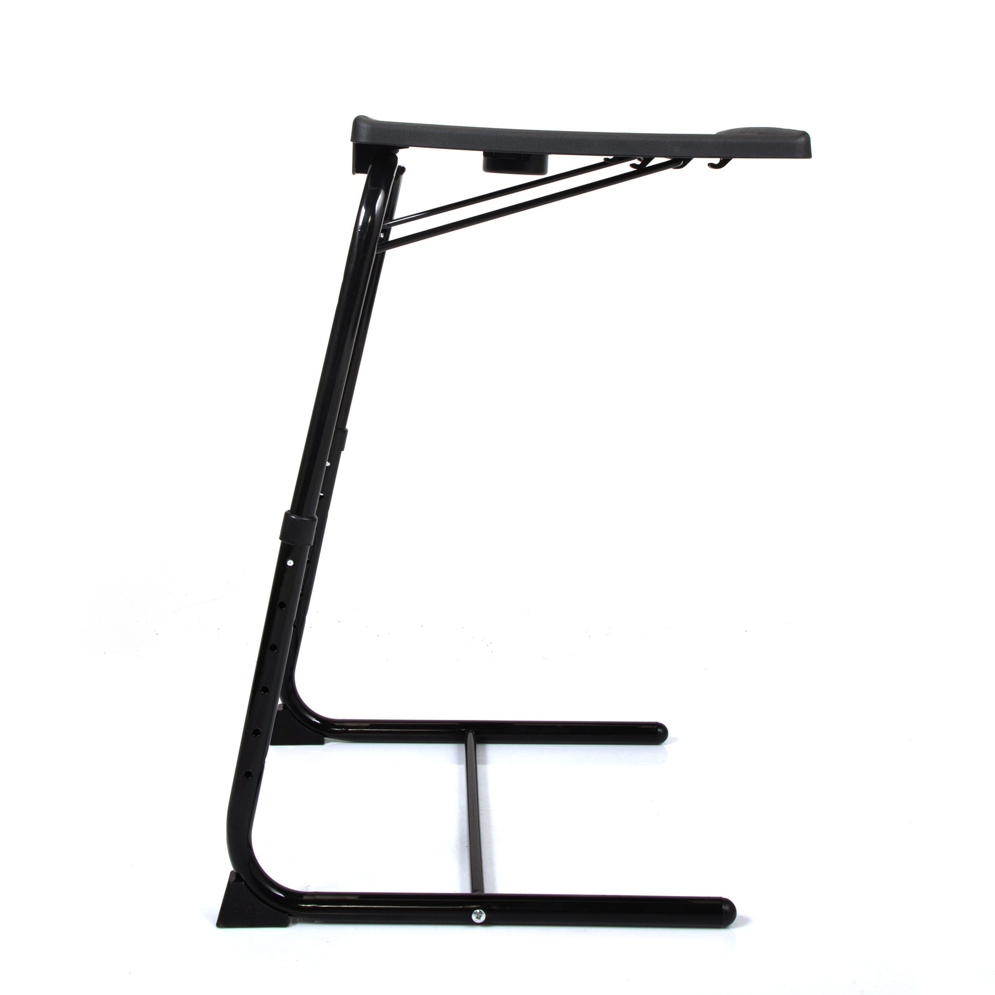 Black Adjustable TV Tray Table with Cup Holder;  Folding TV Dinner Table with 6 Height and 3 Tilt Angle Adjustments, isolated on a white background.